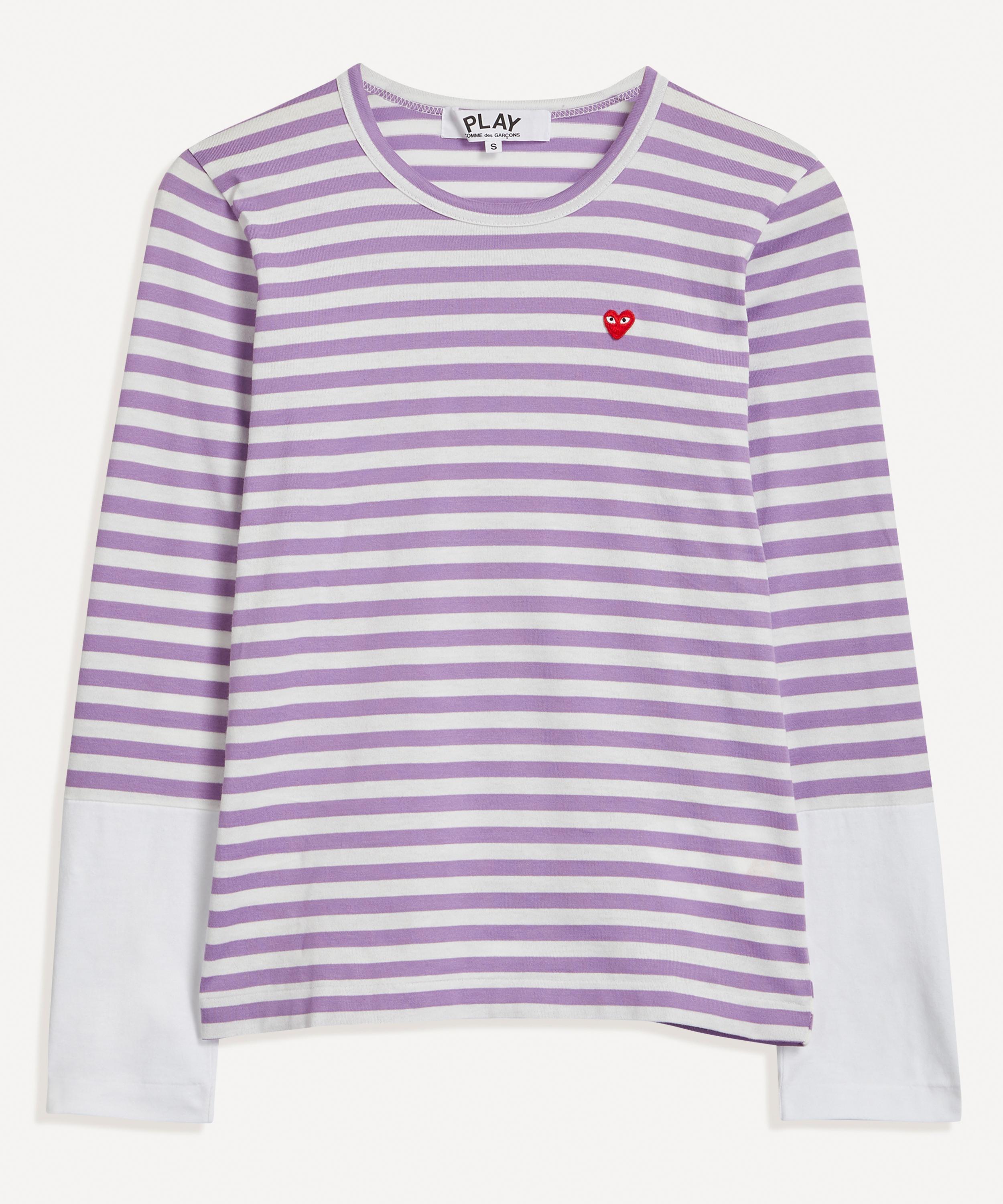 Comme Des Garçons Play Small Heart Logo Patch Striped T-shirt In Purple / White