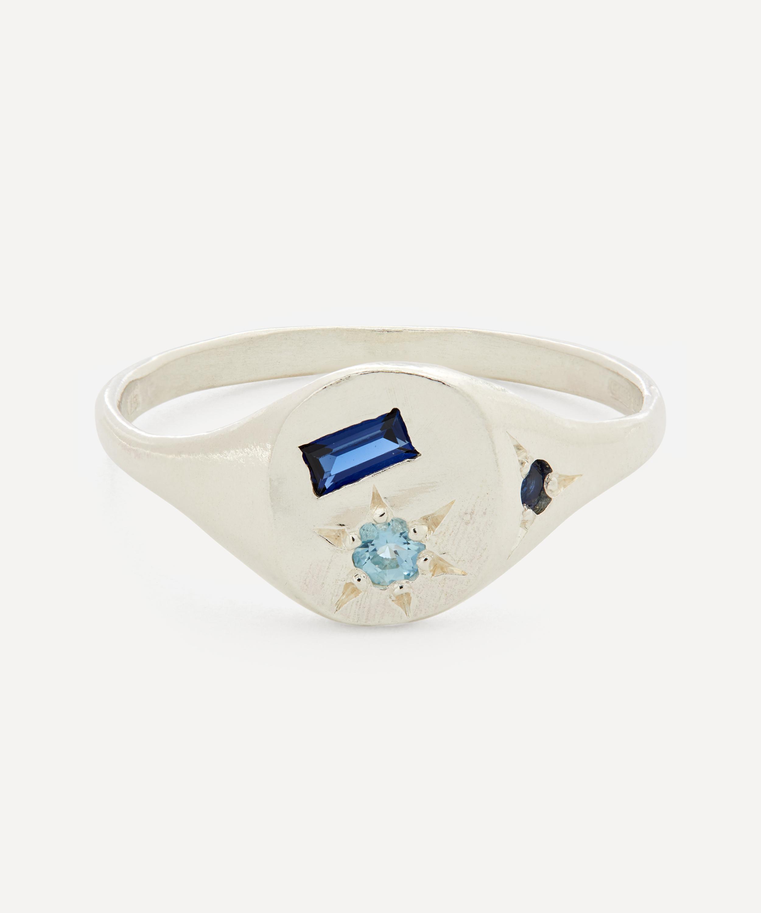 SEB BROWN SILVER NEAPOLITAN BLUE SAPPHIRE AND AQUAMARINE SIGNET RING