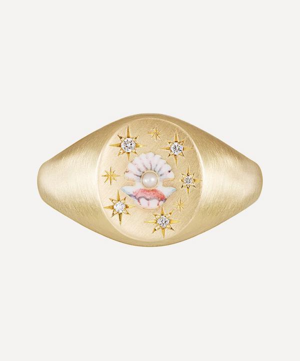 Cece Jewellery - 18ct Gold The Clam and Pearl Diamond Signet Ring