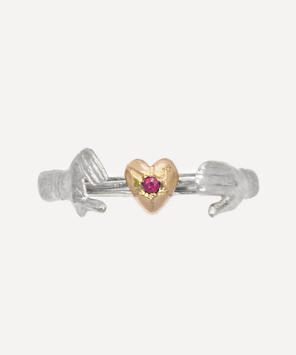 Acanthus Silver Fede Gimmel Ruby Heart Ring