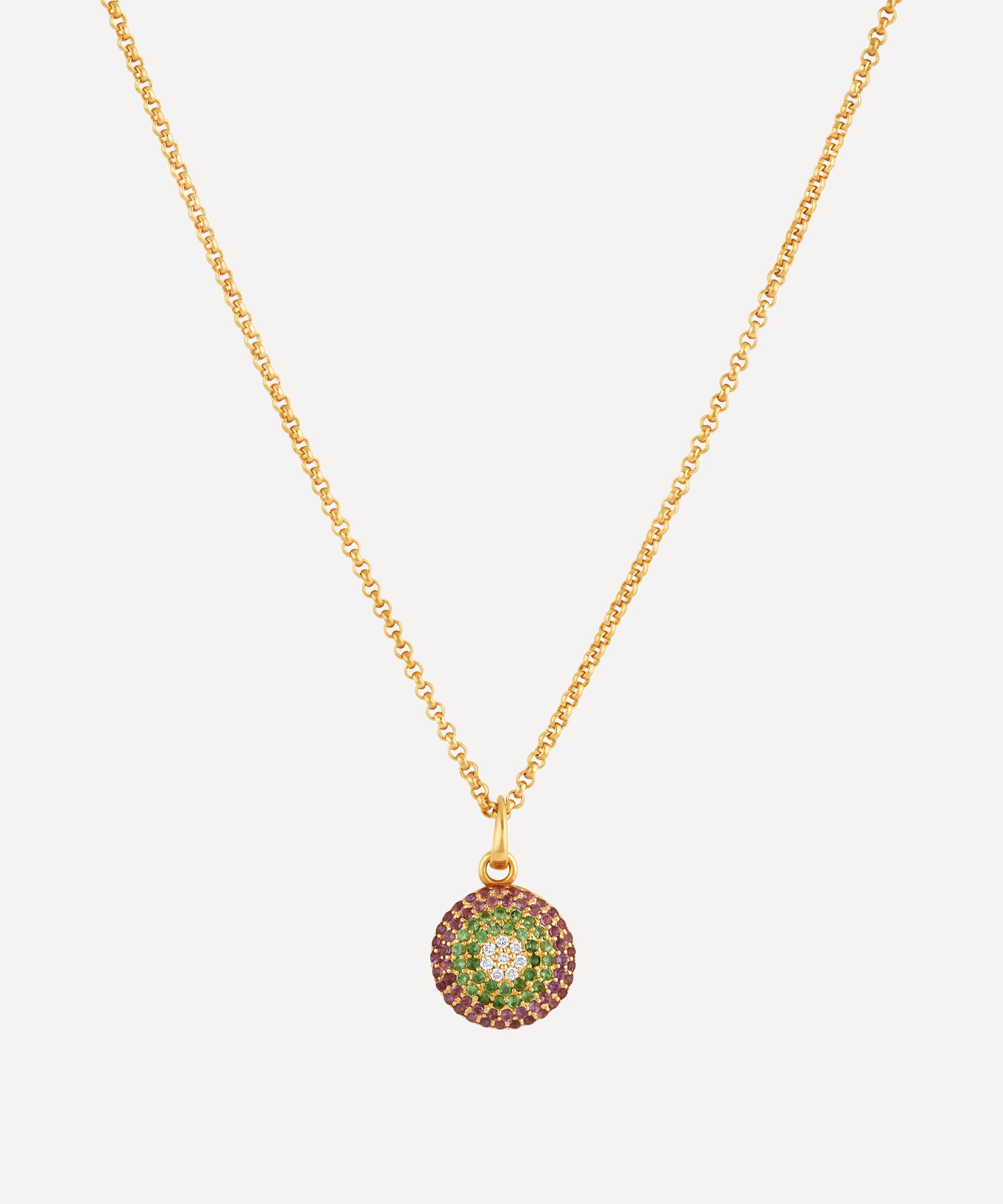 DINNY HALL DINNY HALL GOLD PLATED VERMEIL SILVER SUFFRAGETTE PAVE GEMSTONE LOCKET NECKLACE