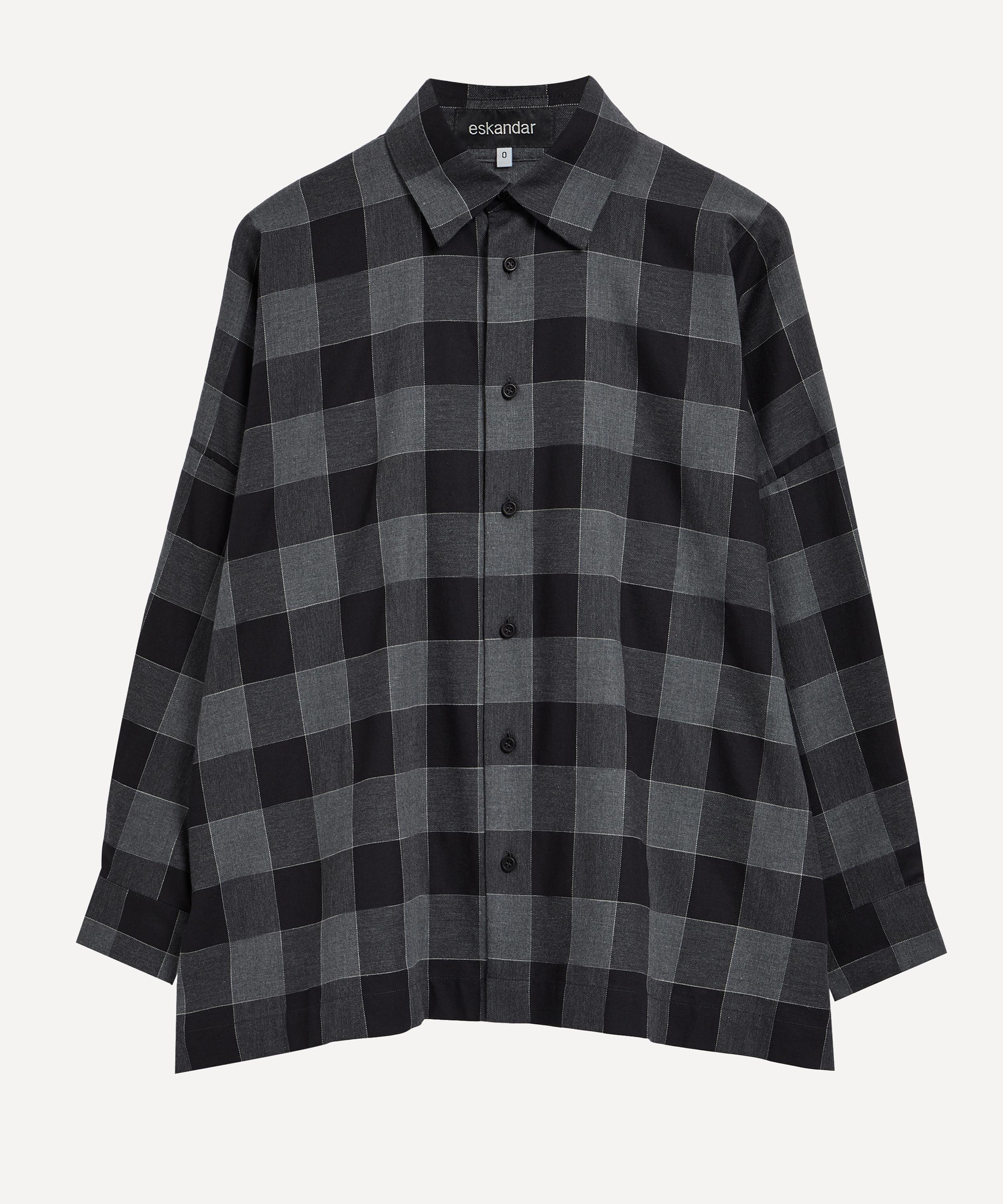 Eskandar Plaid Wide Collared Shirt In Grey Plaid