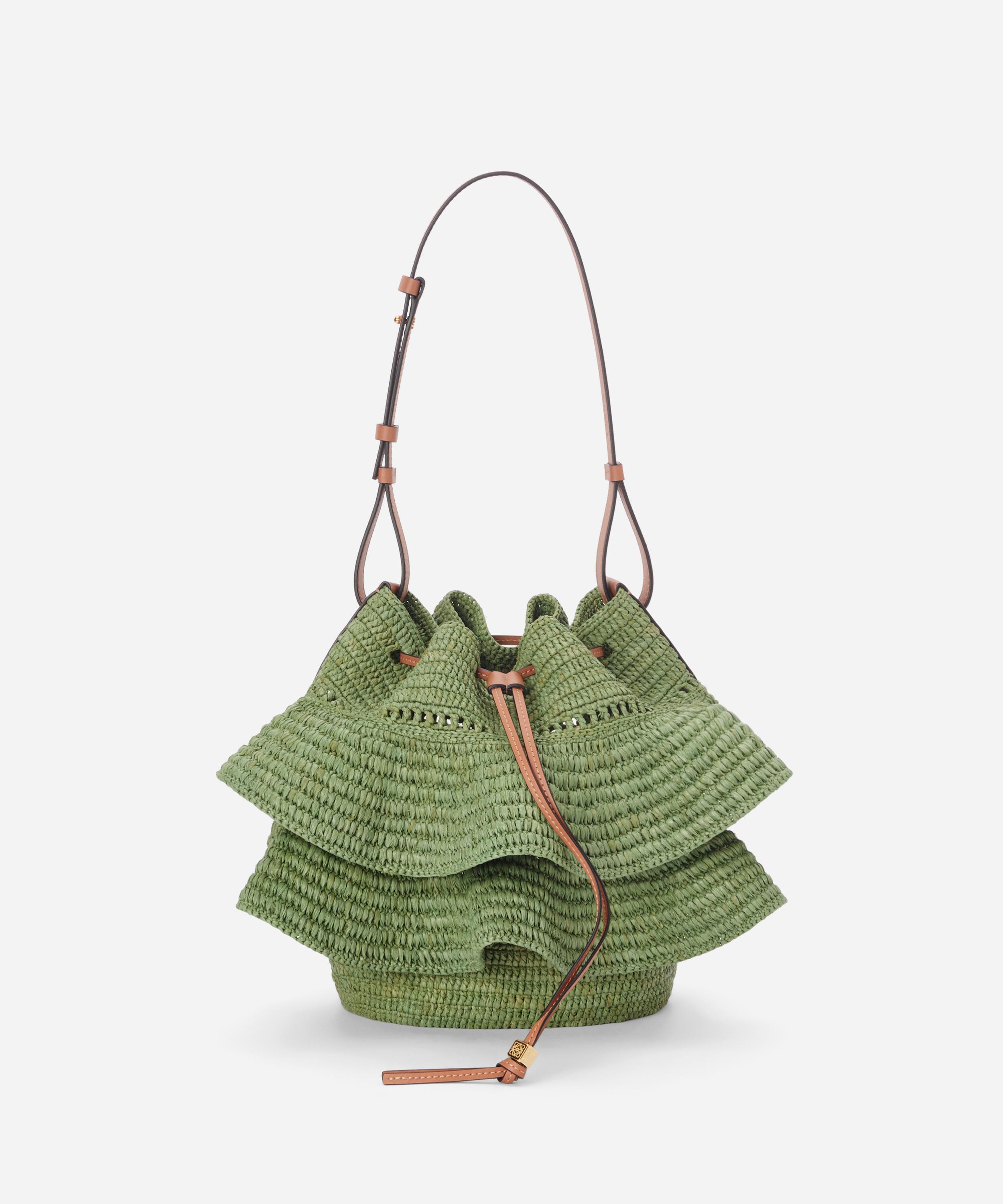 Loewe X Paula's Ibiza Balloon Ruffled Raffia And Leather Shoulder Bag In Green / Tan