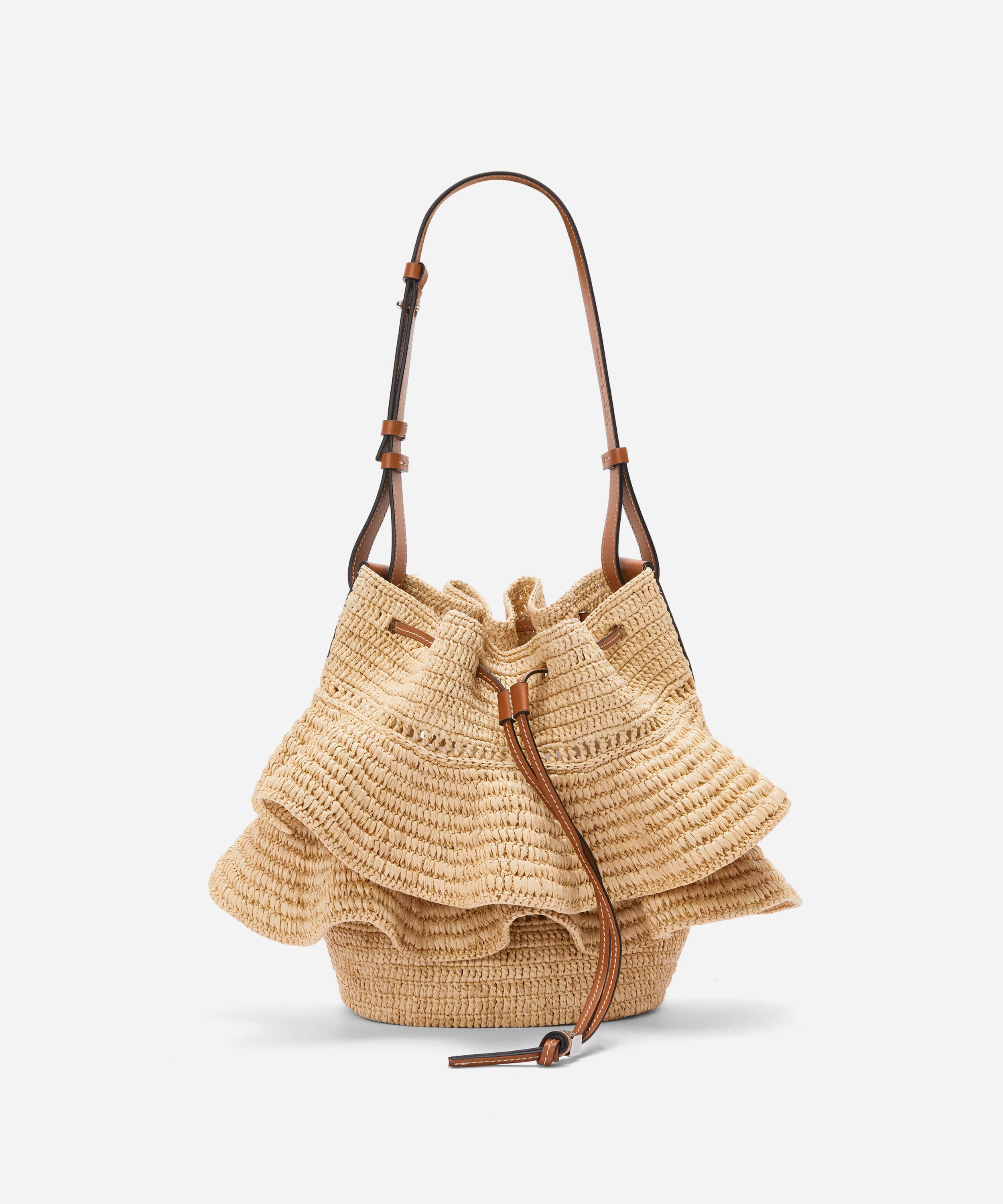 Loewe X Paula's Ibiza Balloon Ruffled Raffia And Leather Shoulder Bag In Natural / Tan