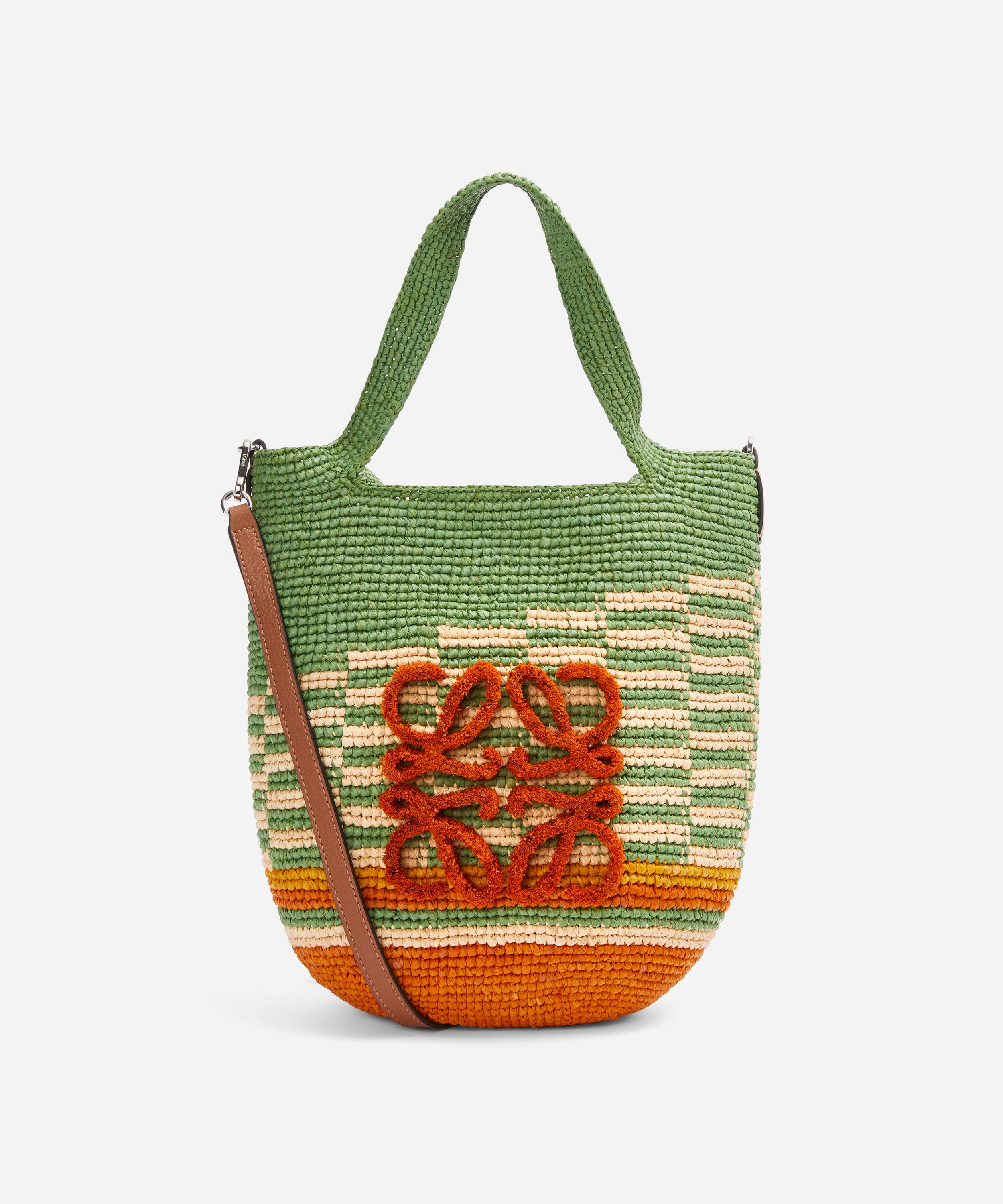 Loewe + Paula's Ibiza Slit Mini Leather-trimmed Striped Woven Raffia Tote In Green / Orange