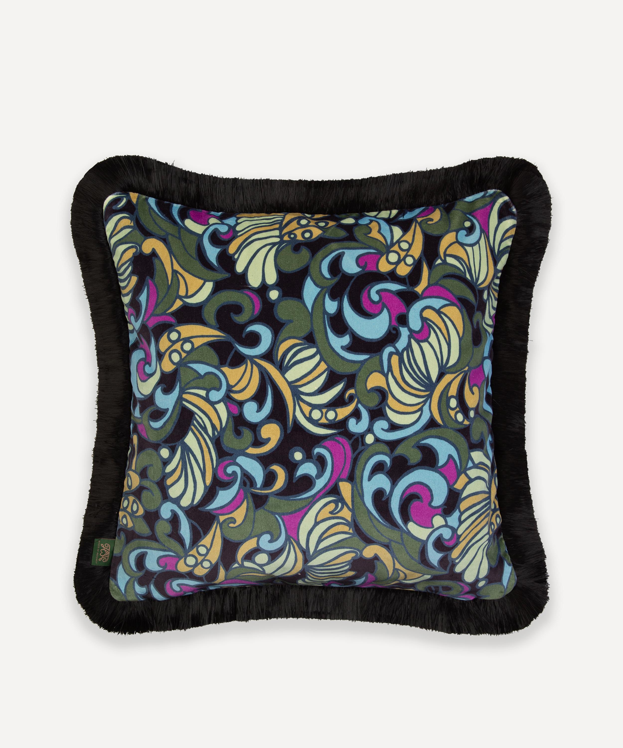 House Of Hackney Zennor Medium Cotton-velvet Fringed Cushion In Multi-coloured