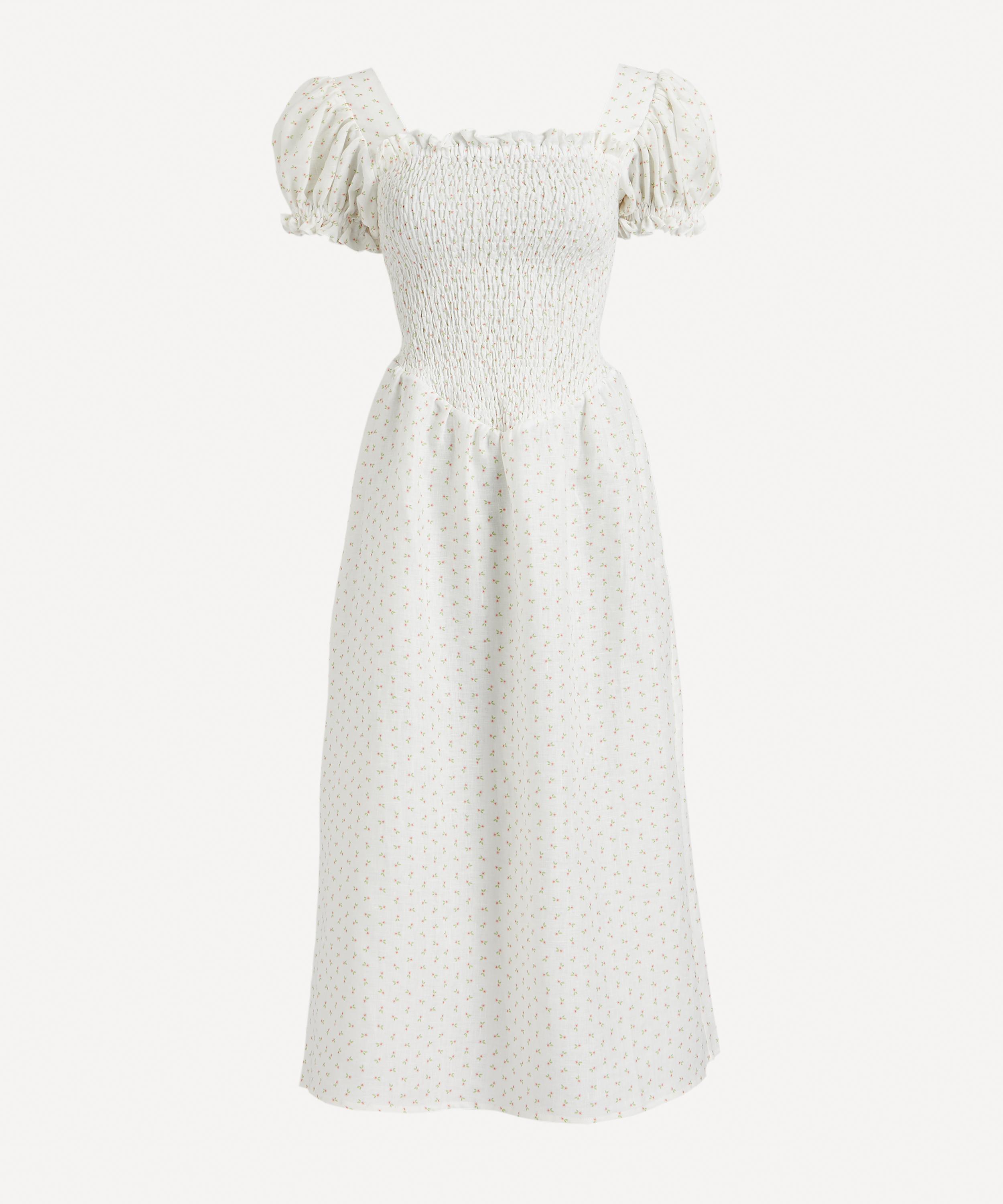 Sleeper Belle Linen Dress In Garden Roses In White / Pink