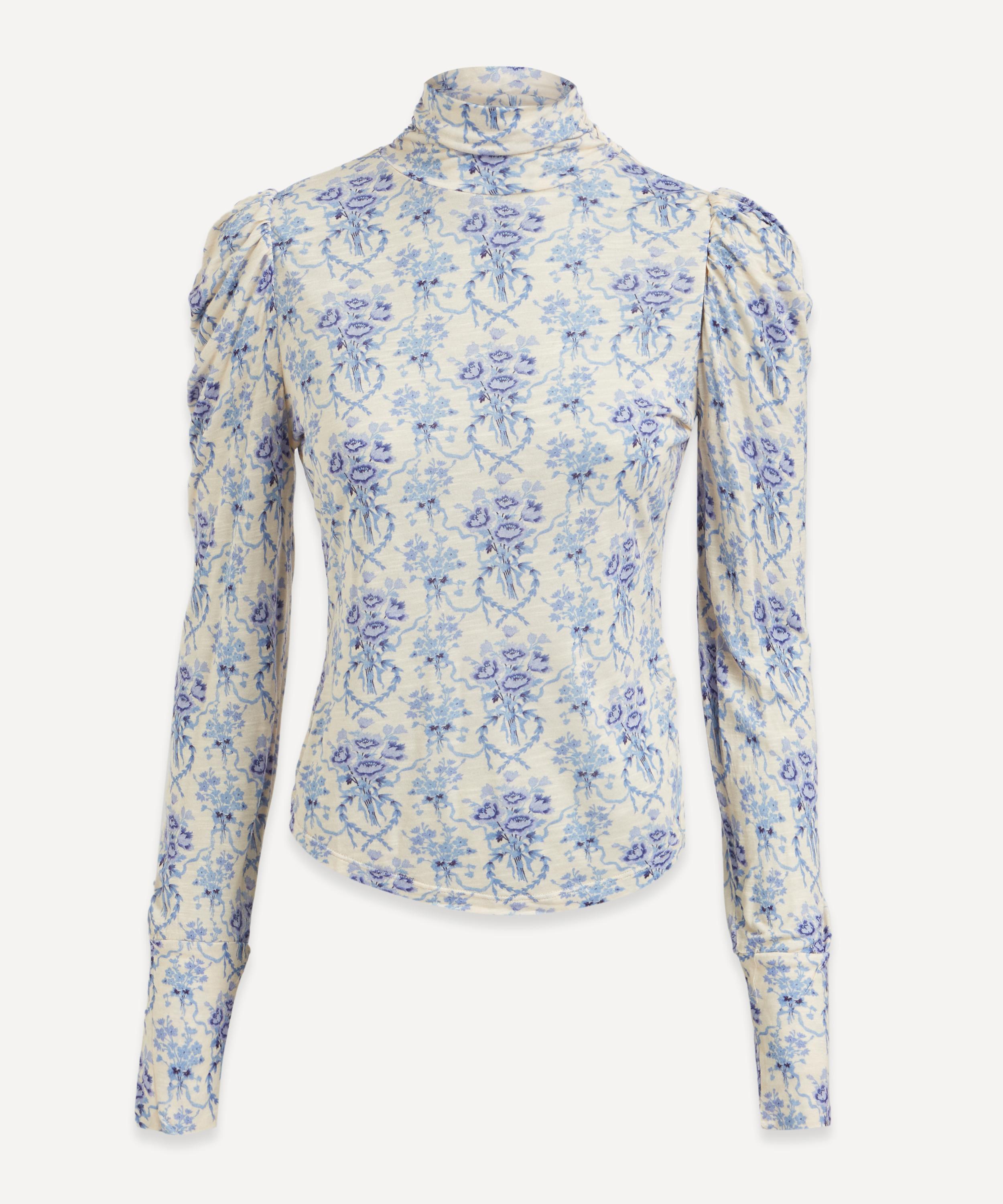 Loveshackfancy Loceshackfancy Vienna Floral Print Mock Neck Top In Frosted Shores