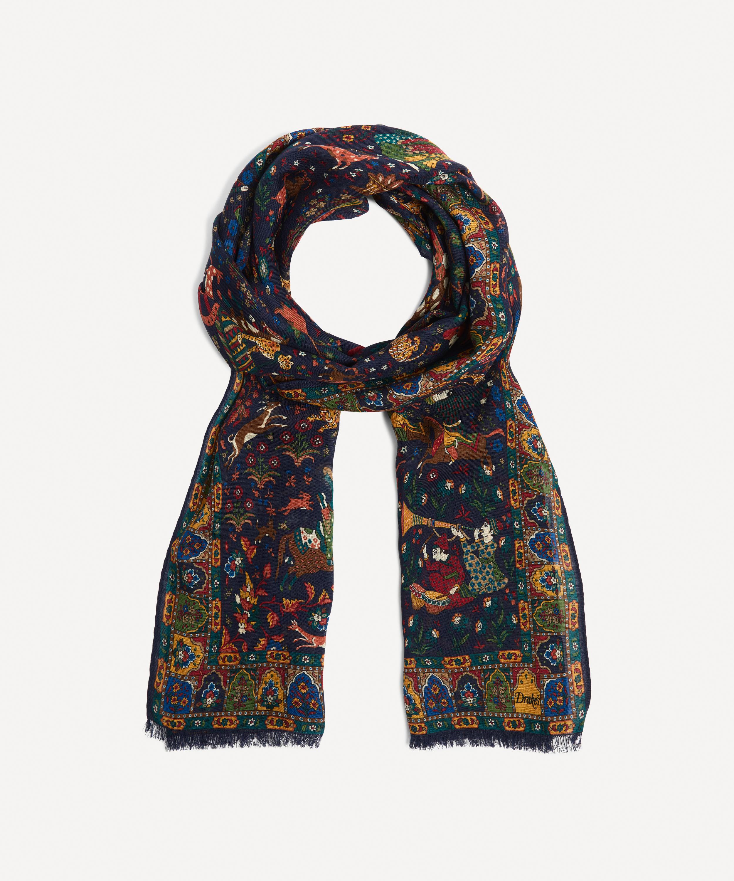 Drake's Mughal Hunter Wool-silk Scarf In Navy