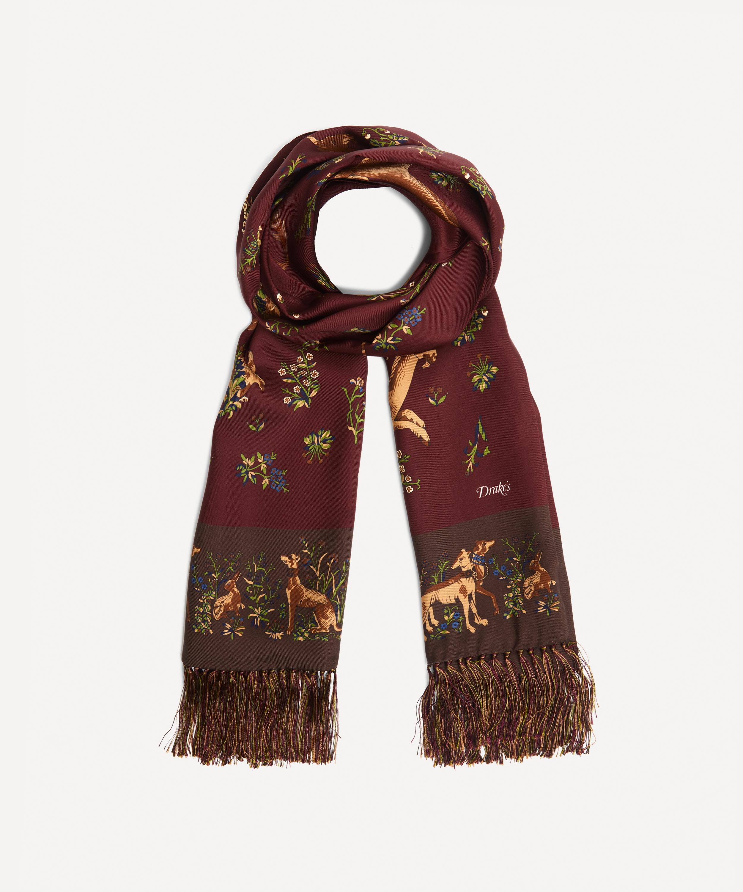 Drake's Unicorn Print Tubular Silk Tasselled Scarf In Red