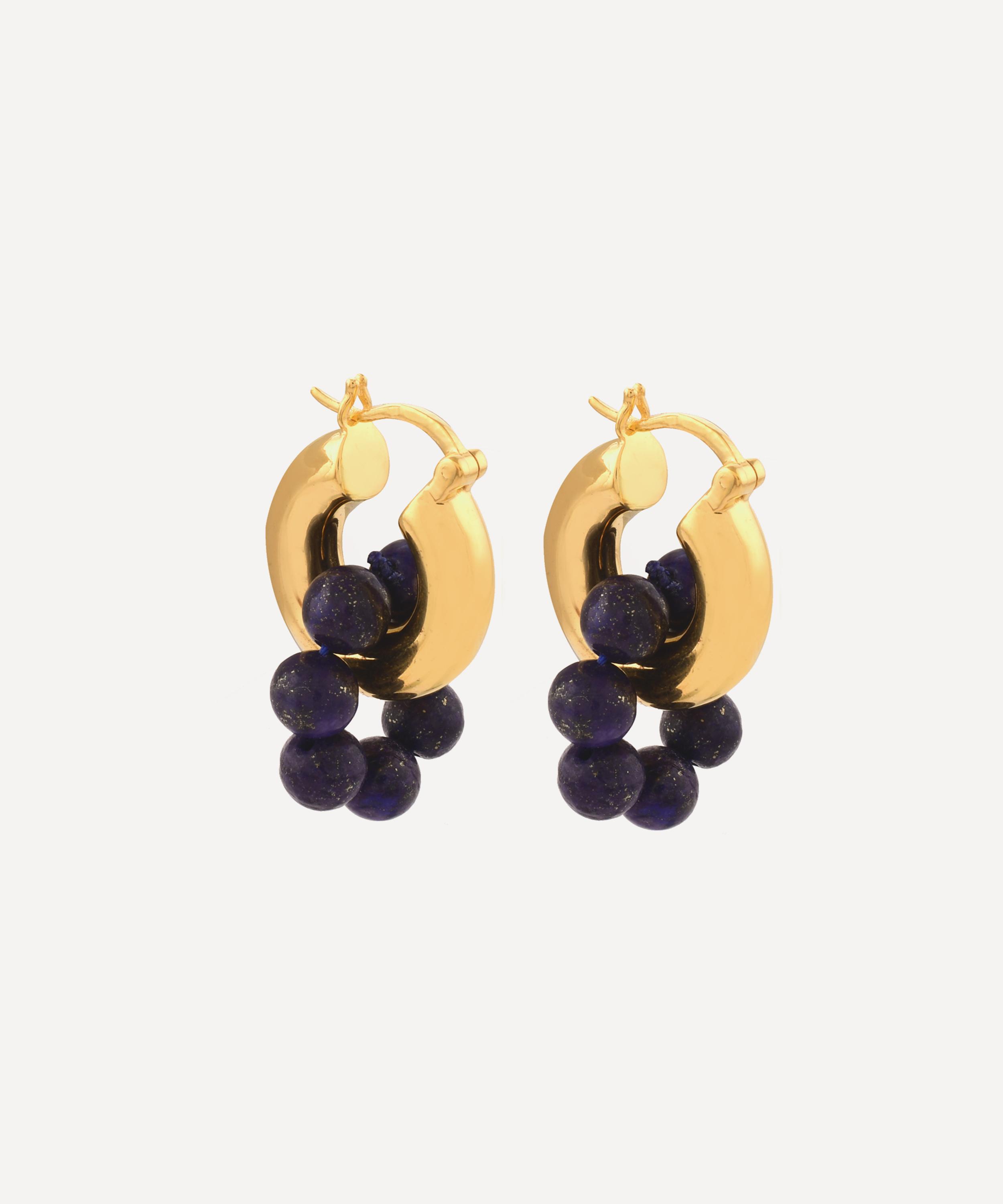 Shyla 22ct Gold-plated Sura Lapis Lazuli Beaded Hoop Earrings In Dark Blue
