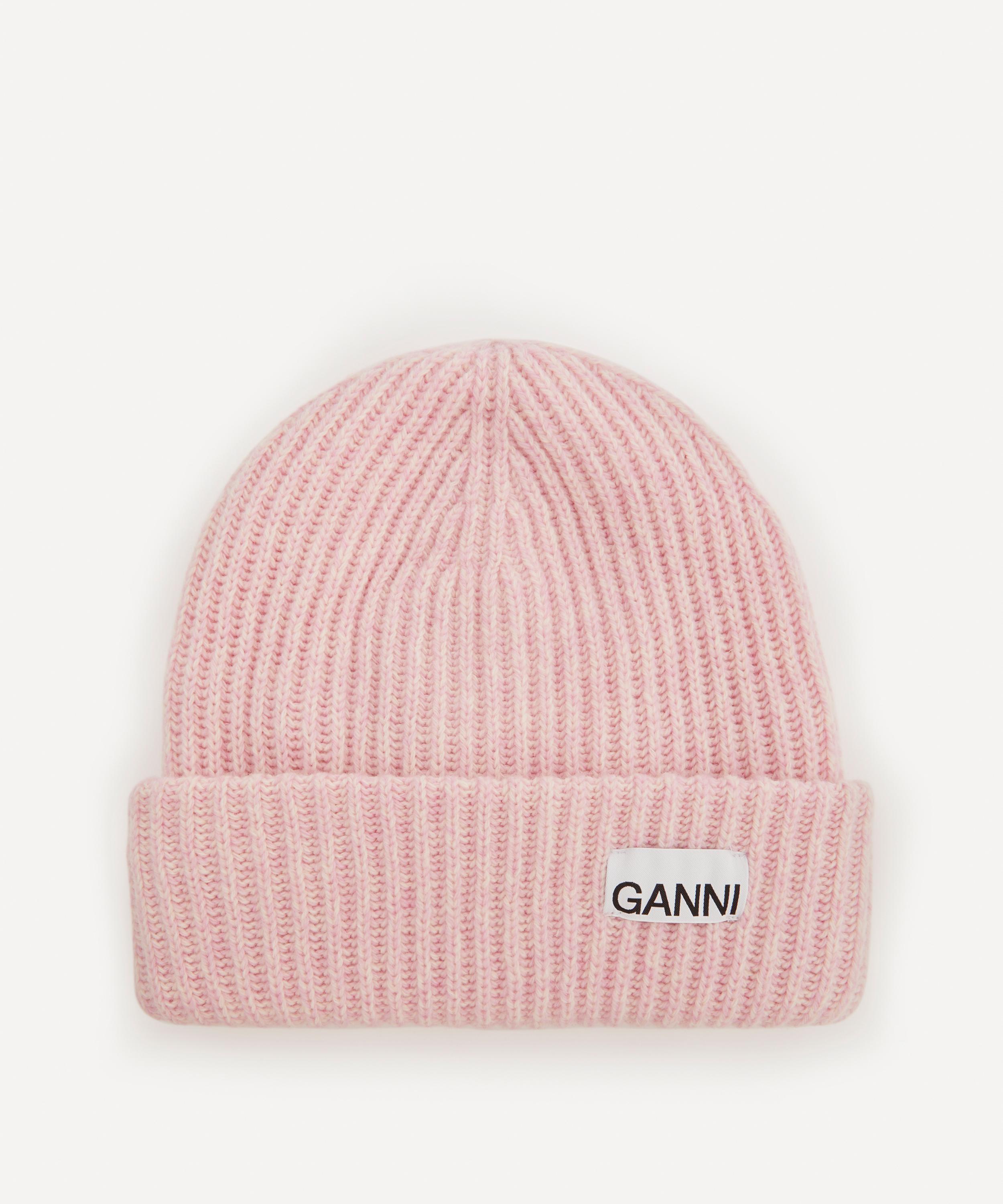 Ganni Rib-knit Logo-patch Beanie In Lilac