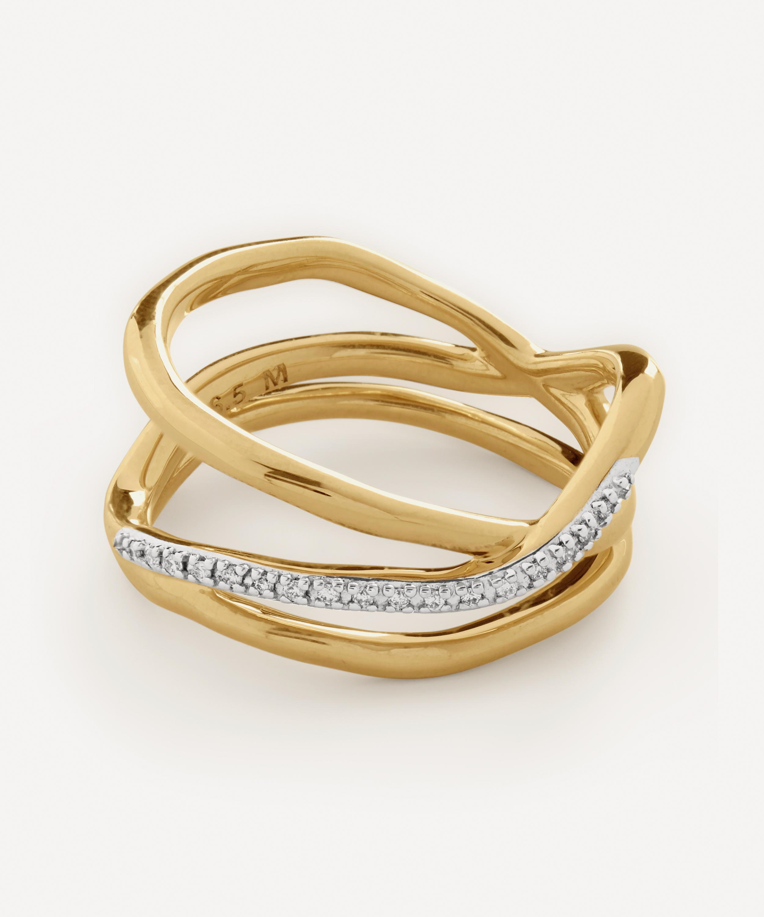 Monica Vinader 18ct Gold-Plated Vermeil Silver Riva Diamond Pre-Stacked Ring Luxury Gift