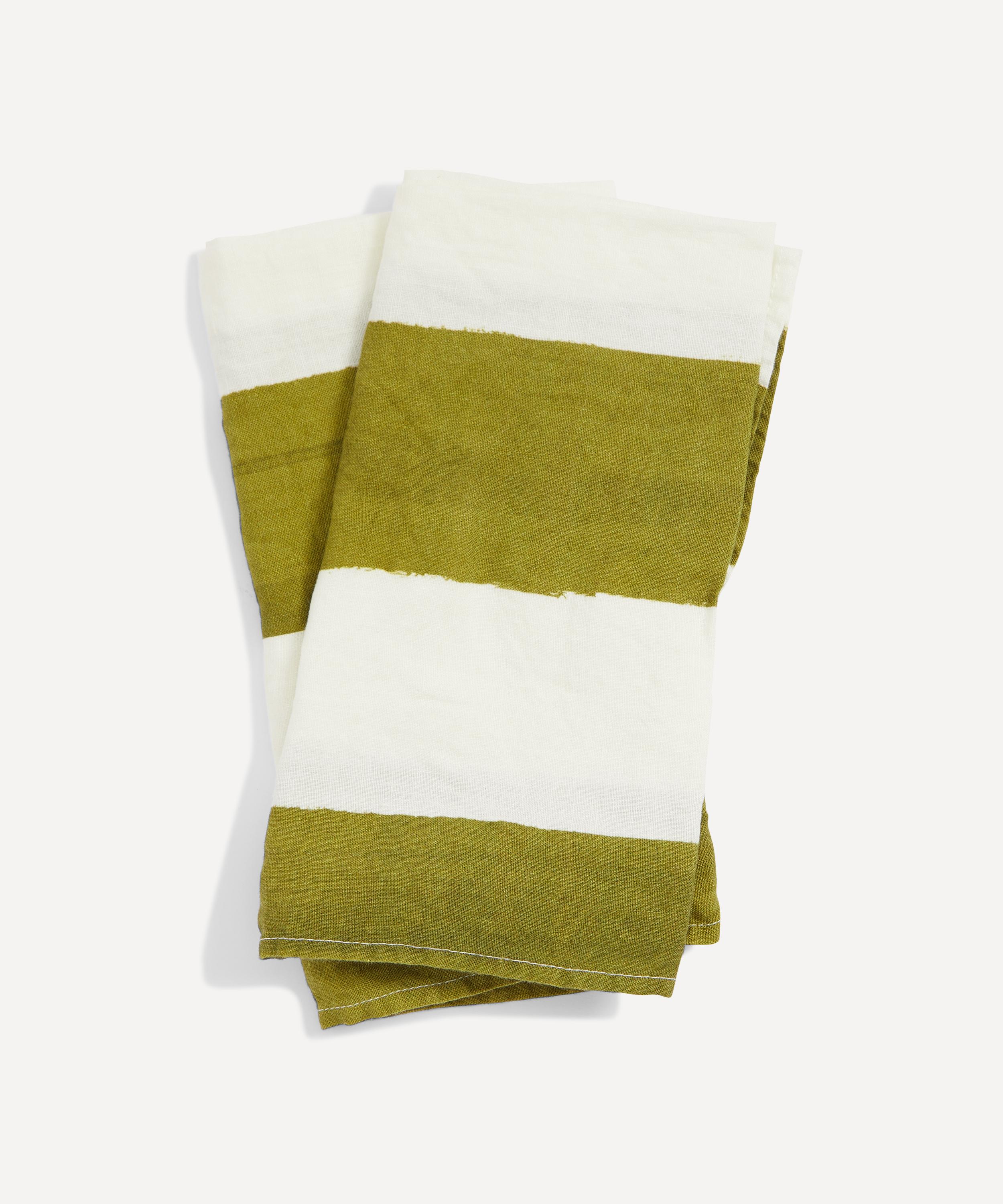 Summerill & Bishop Avocado Green Stripe Linen Napkins Set Of Two