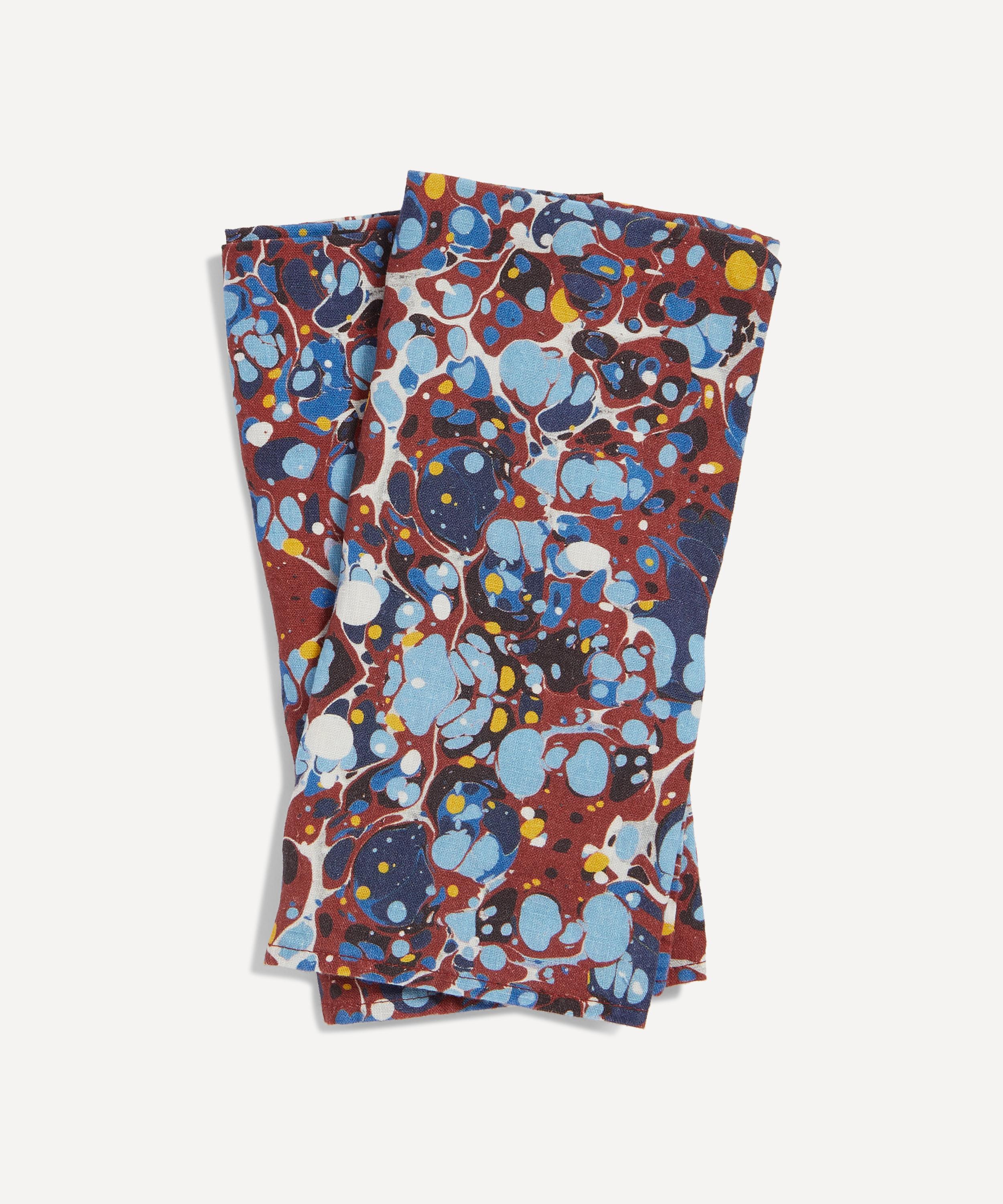 Summerill & Bishop Burgundy, Turquoise & Blue Marble Linen Napkins Set Of Two In Navy
