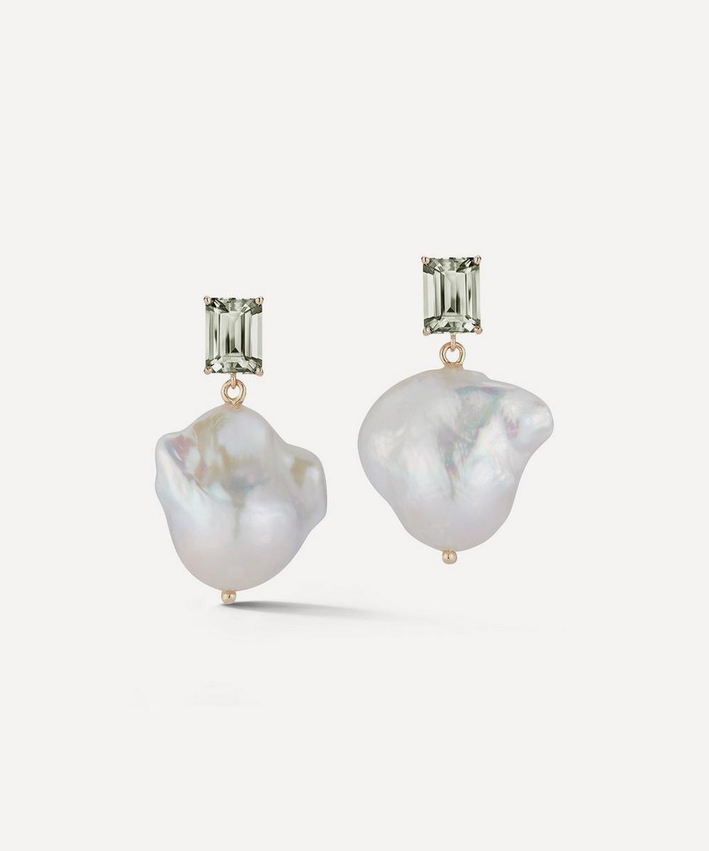 MATEO 14CT GOLD GREEN AMETHYST AND BAROQUE PEARL DROP EARRINGS