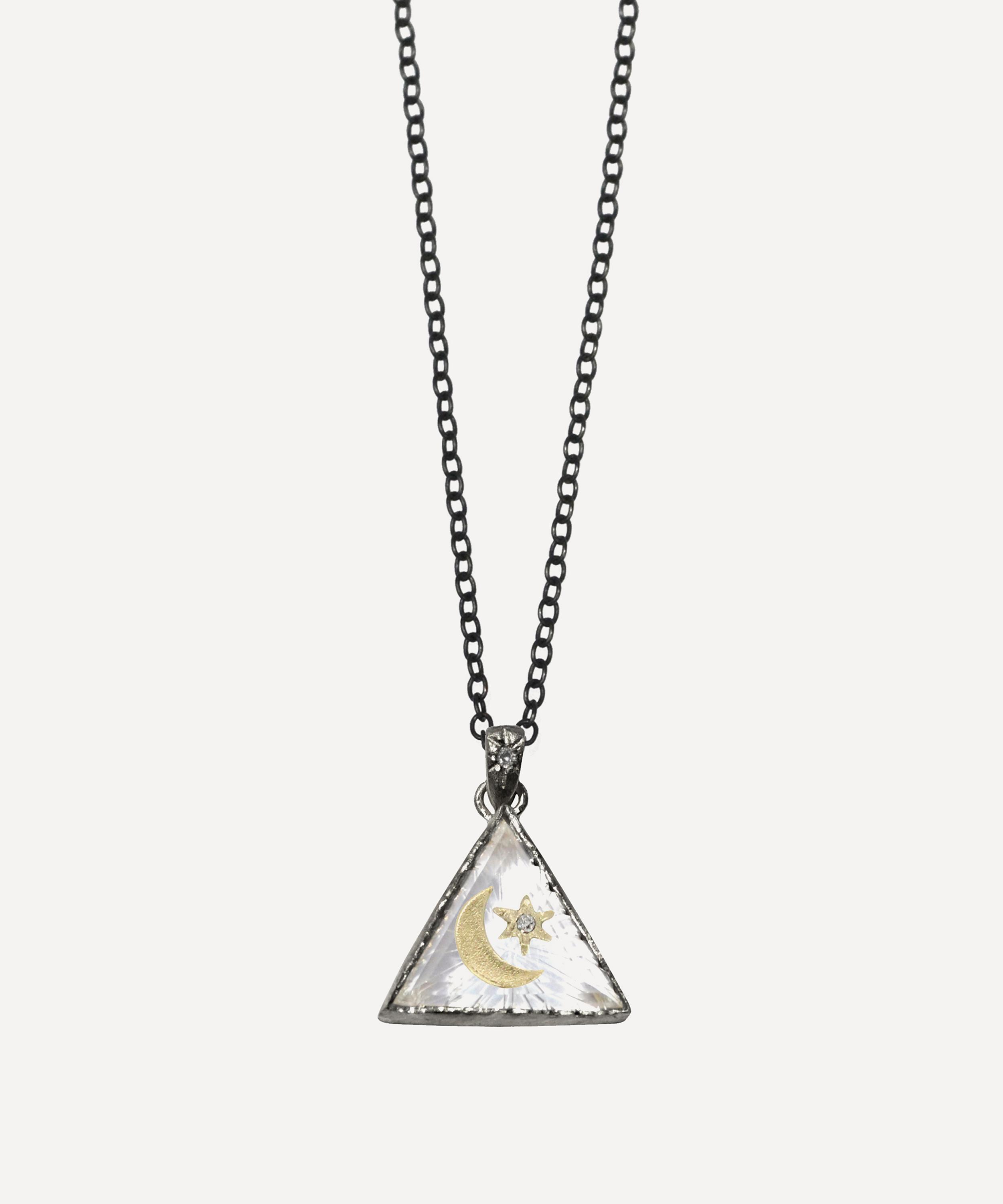 Acanthus Oxidised Silver Crescent Star Triangle Quartz Amulet Pendant Necklace