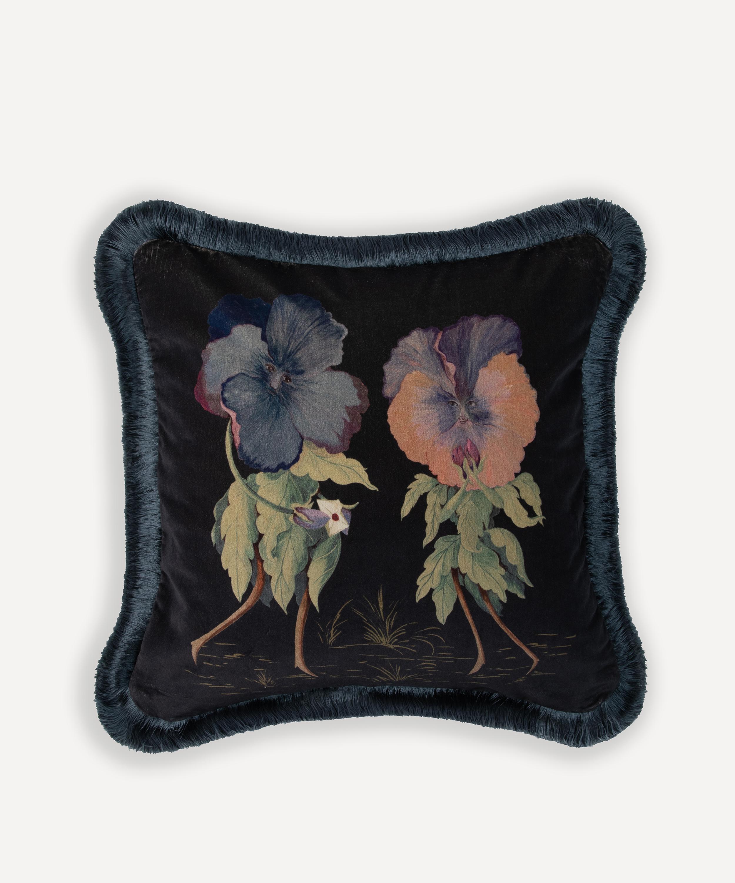 House Of Hackney Amatoria Pansies Medium Cotton Velvet Fringed Cushion