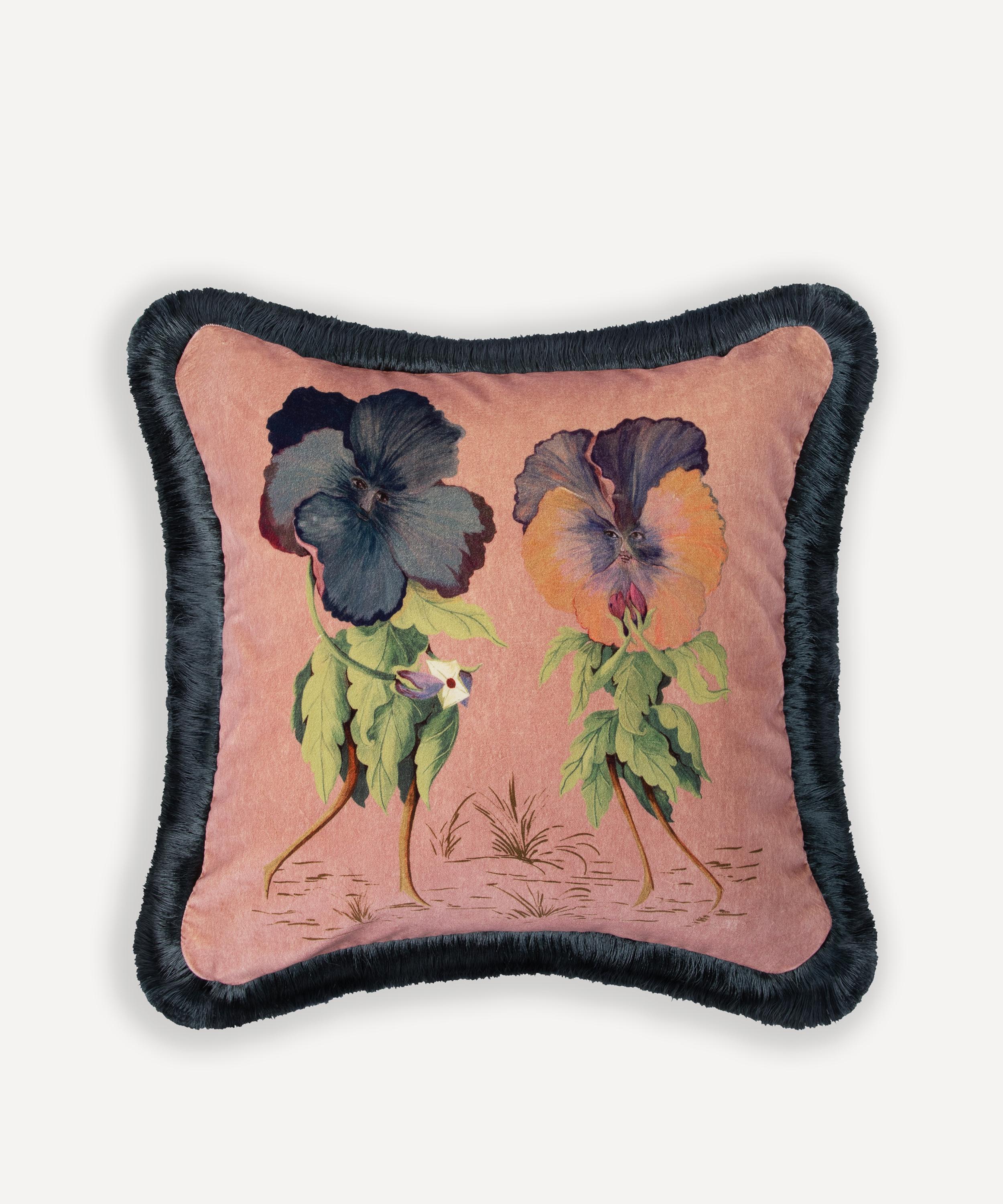 House Of Hackney Amatoria Pansies Medium Cotton Velvet Fringed Cushion