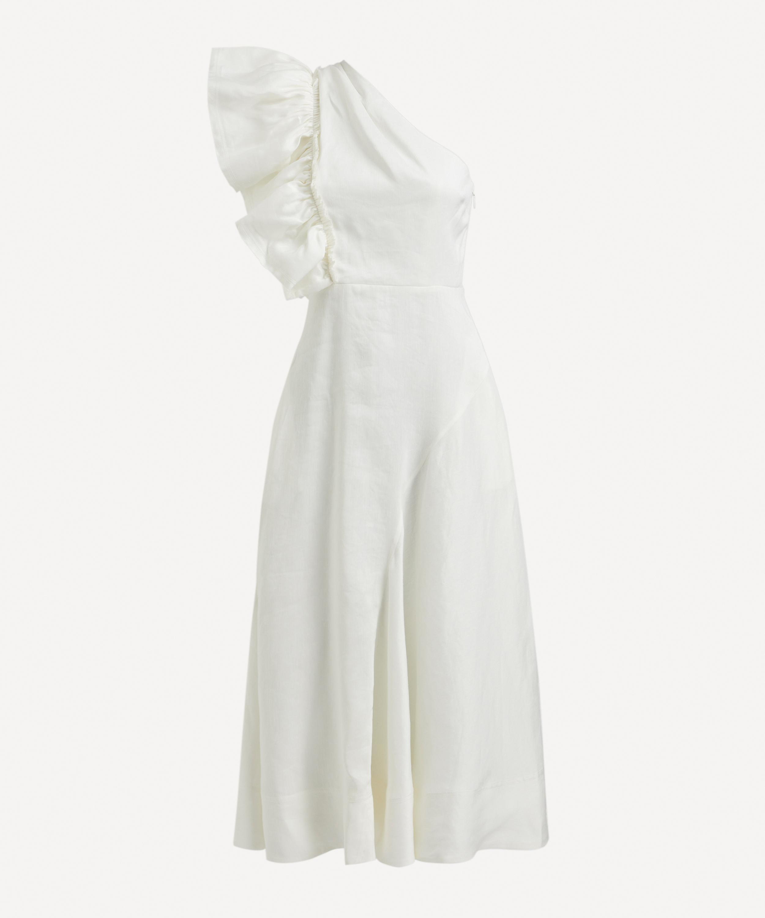 Aje Bonjour Asymmetric Ruffled Linen-blend Dress In Ivory