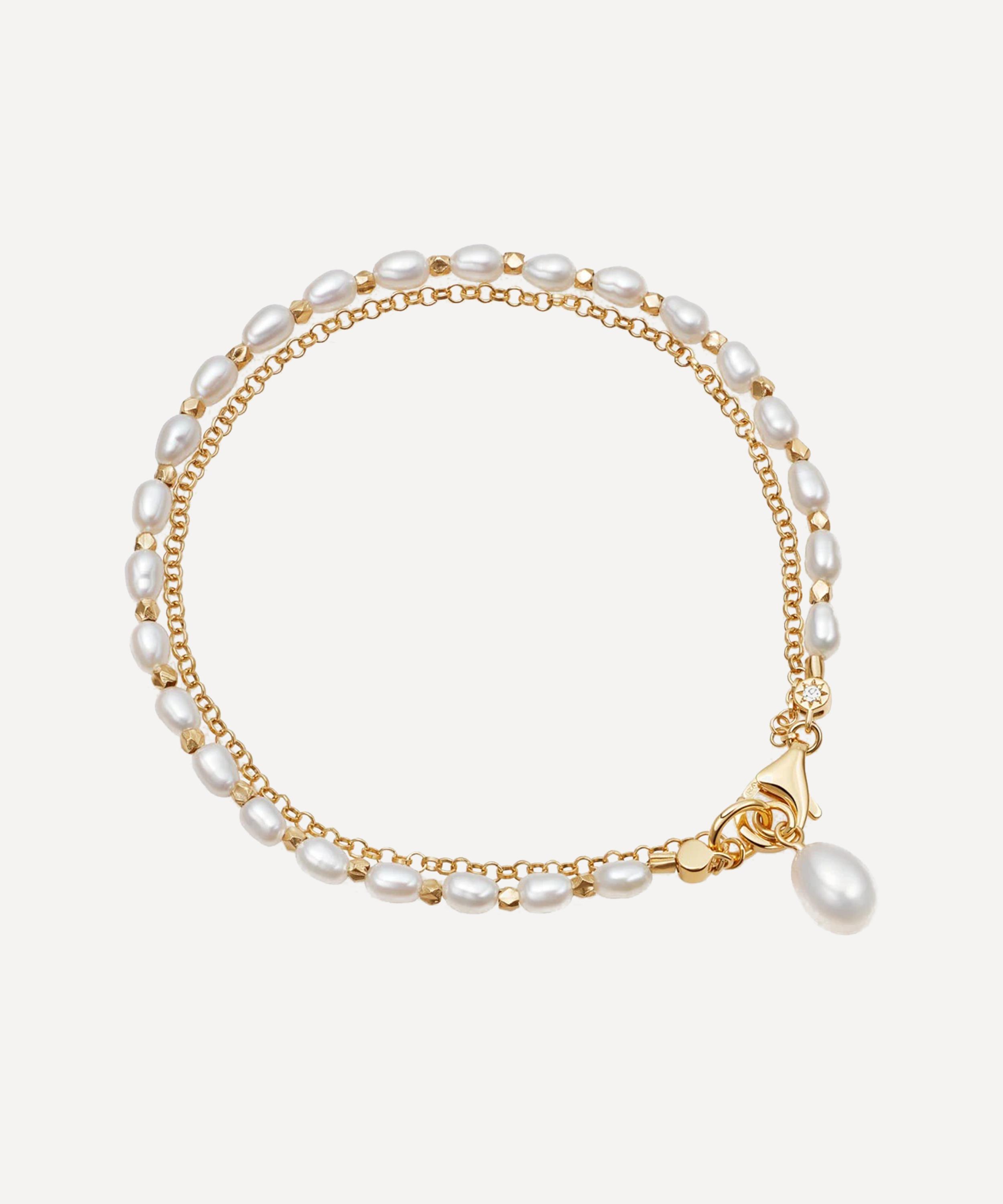 ASTLEY CLARKE ASTLEY CLARKE 18CT GOLD-PLATED VERMEIL SILVER BIOGRAPHY DOUBLE CHAIN AND PEARL BRACELET 