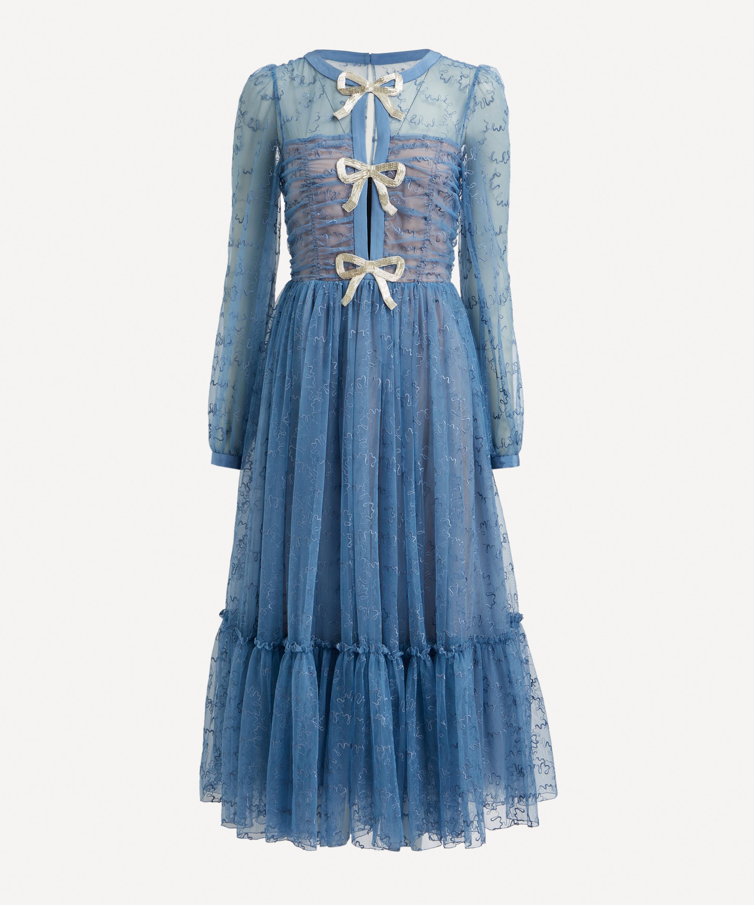 Saloni Women's Camille Tulle Bugle Bows Dress In Iris Blue