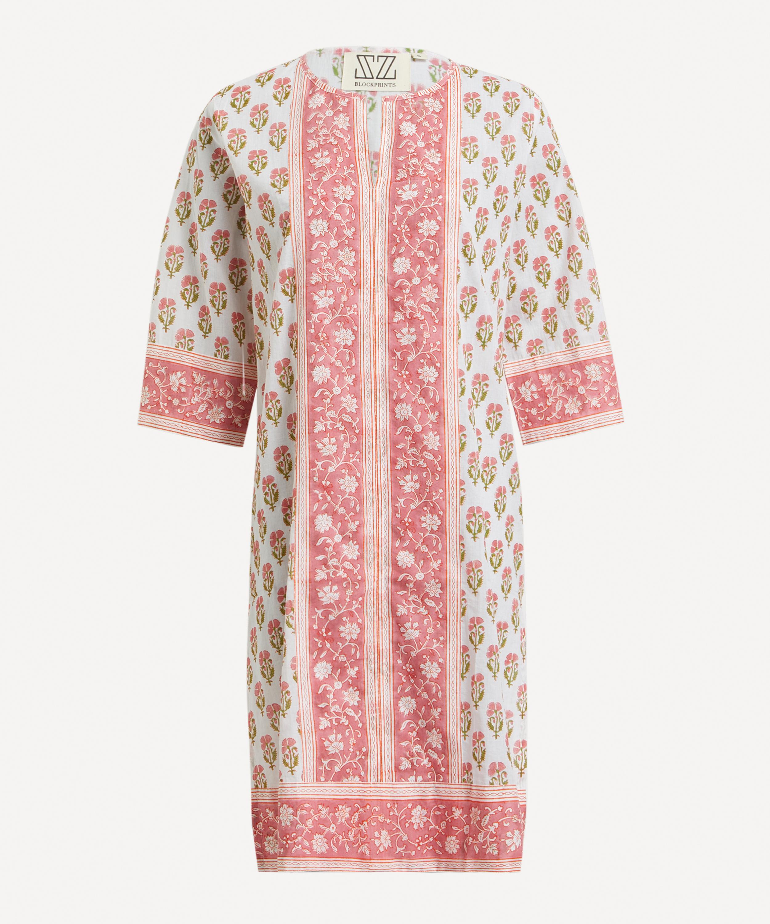 Sz Blockprints Women's Soft Rose Citron Pansy Long Kurta Dress