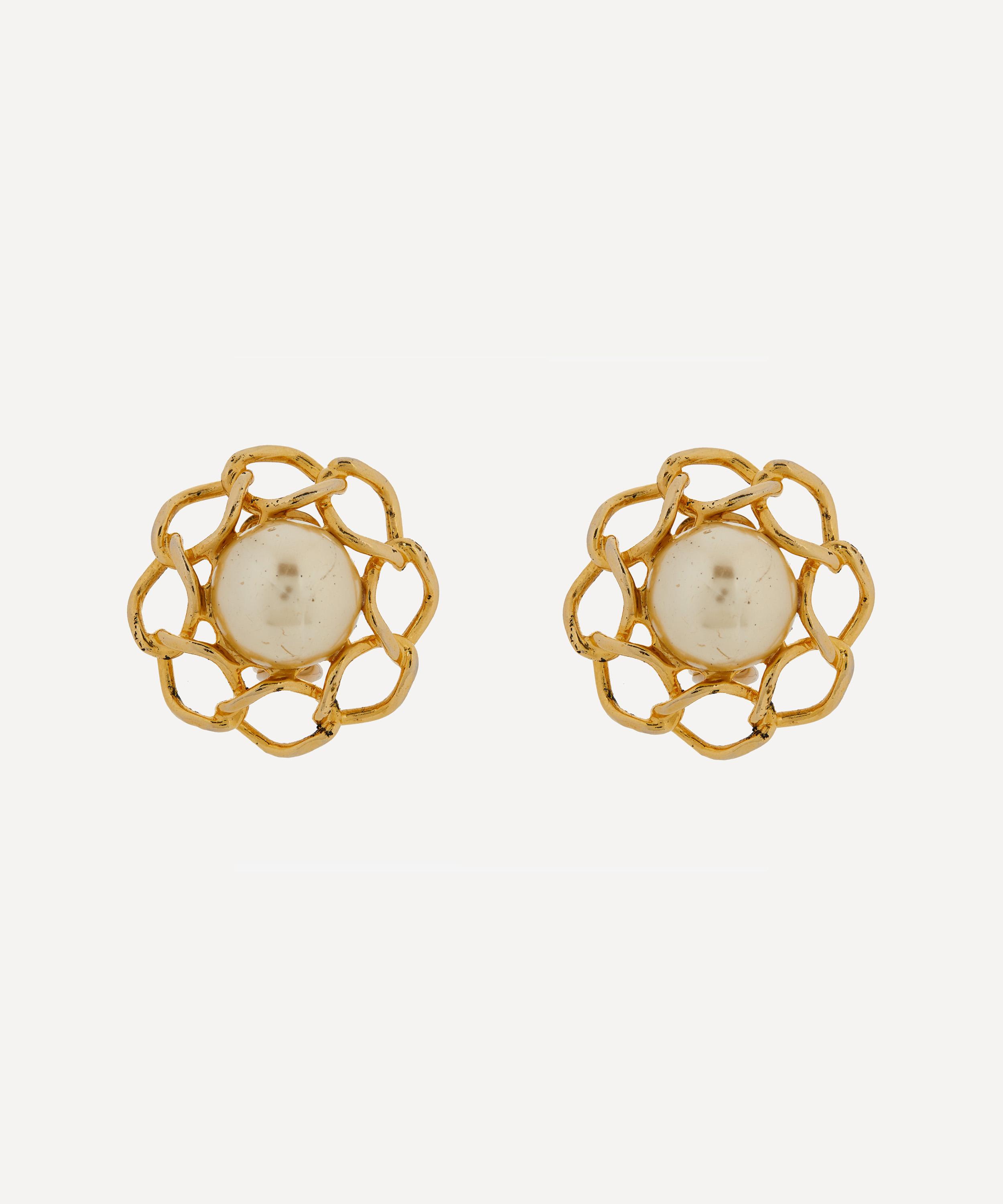 Dress Box 1980's Chanel Gilt And Faux Pearl Camellia Earrings