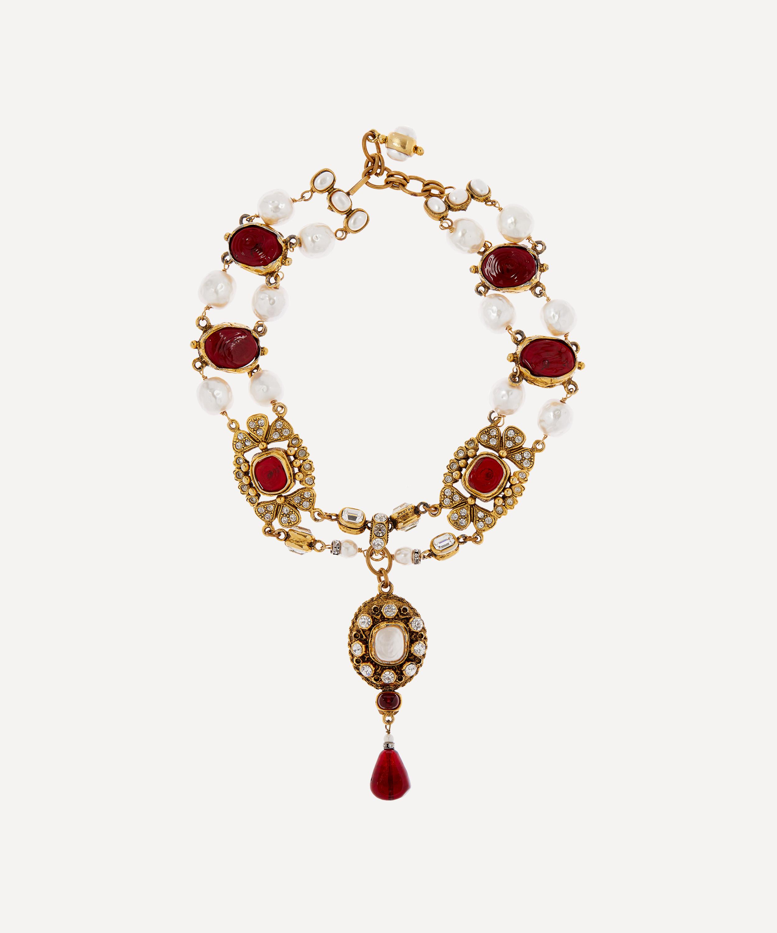 Dress Box 1980's Chanel Gilt Faux Ruby And Diamond Pearl Necklace