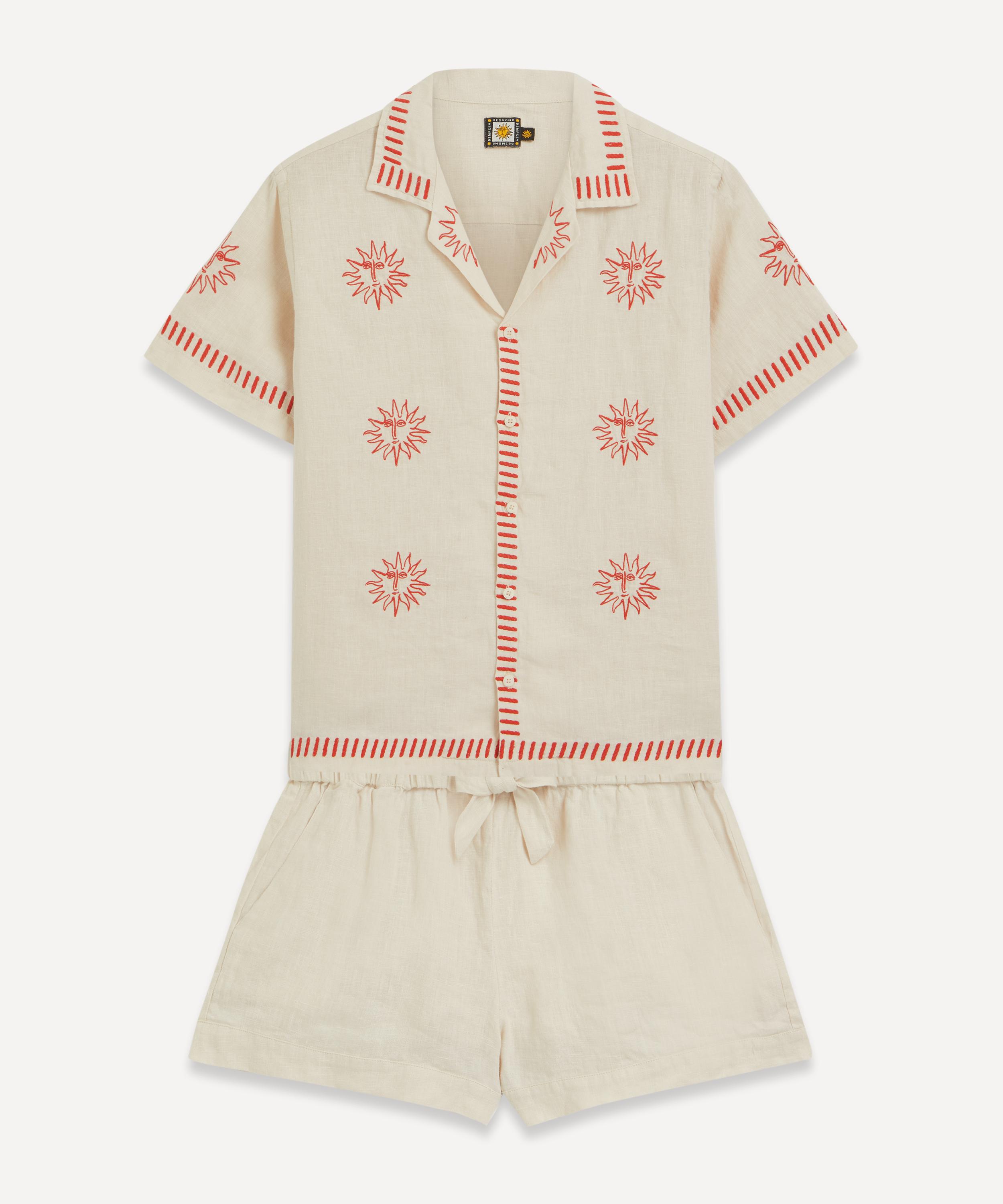 Shop Desmond & Dempsey Women's Helios Oat Embroidery Linen Cuban Pyjama Set