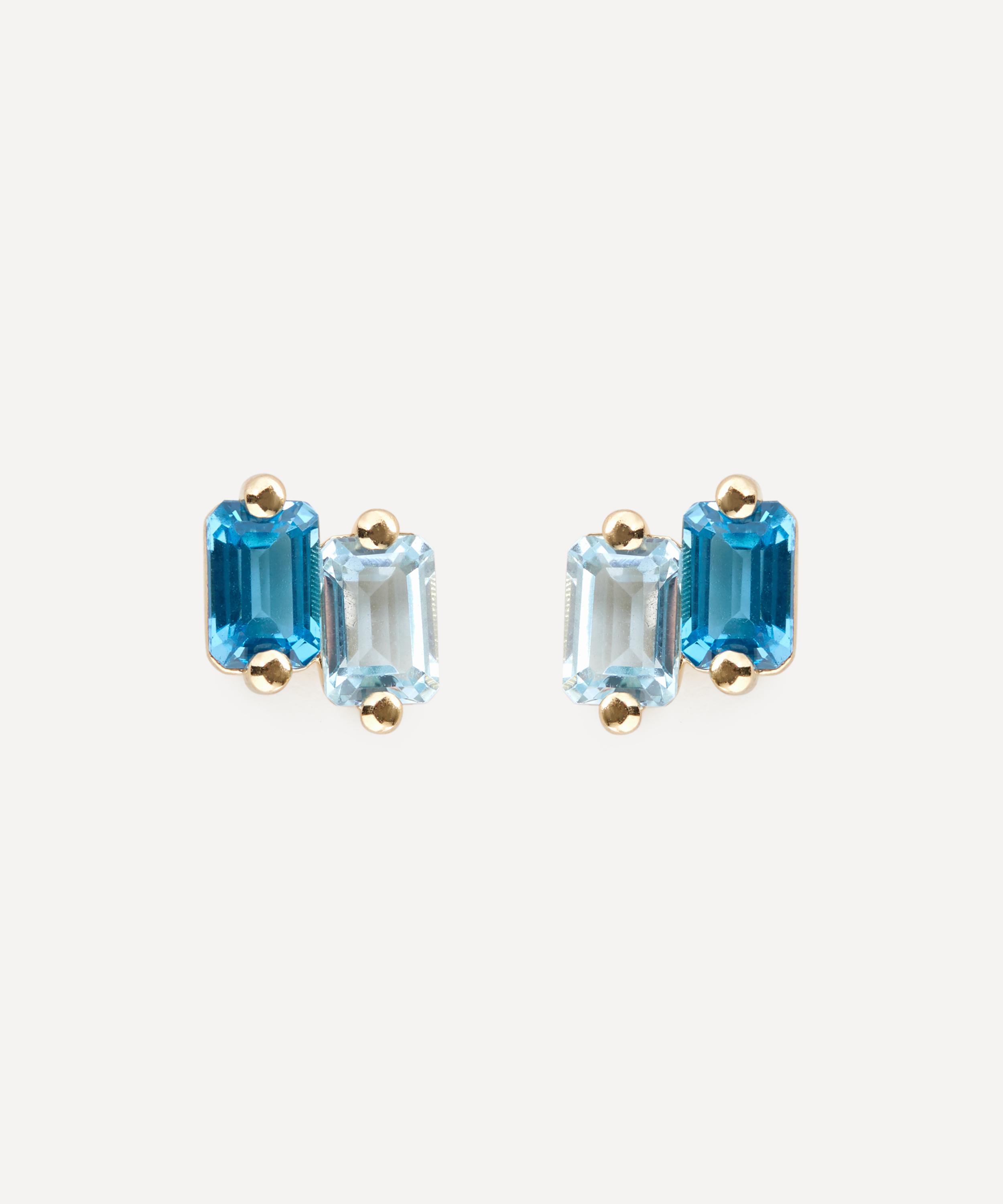 Suzanne Kalan 14ct Gold Emerald Cut Light Blue Stud Earrings Luxury