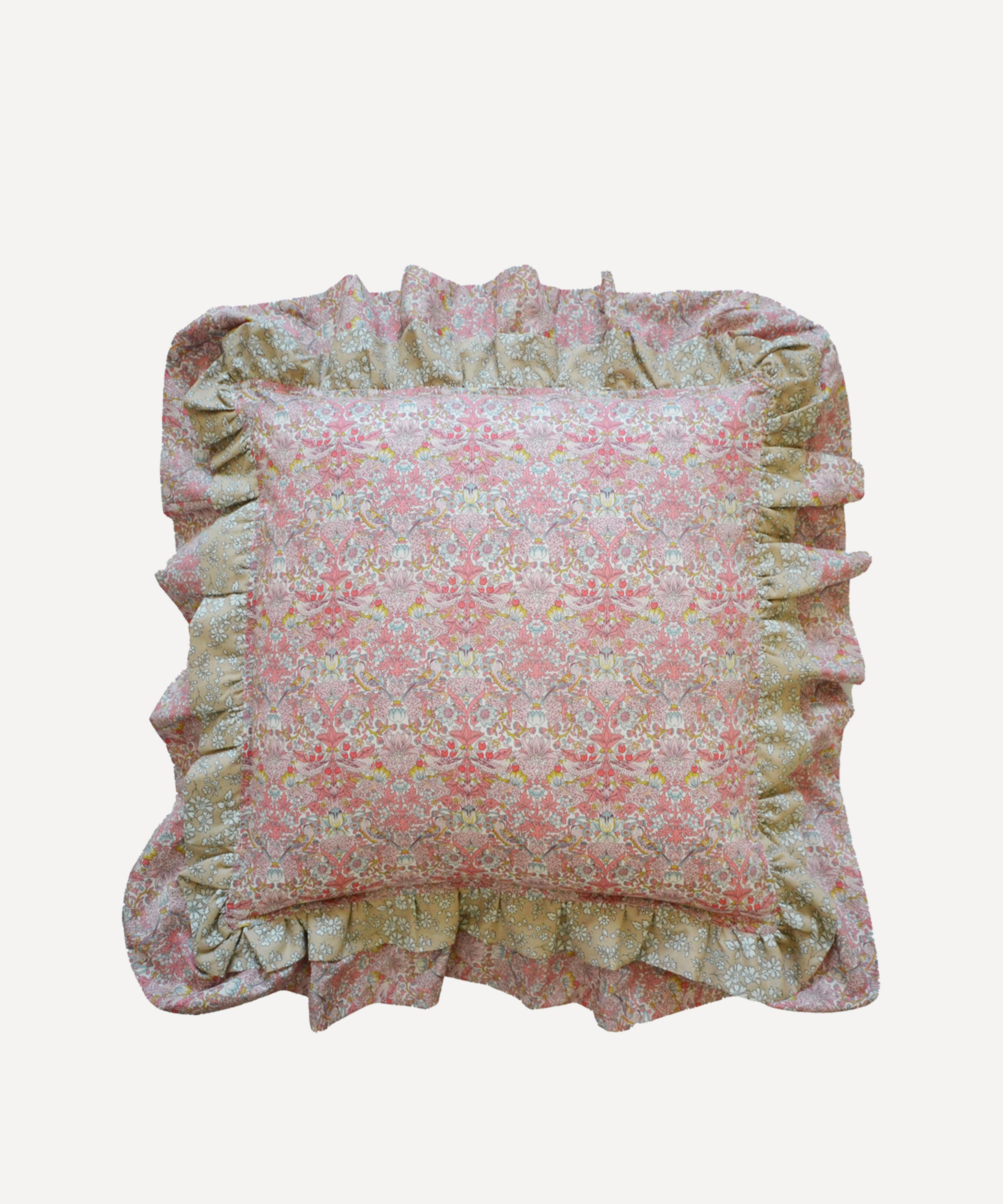 COCO & WOLF COCO & WOLF STRAWBERRY THIEF AND SPRING CAPEL SQUARE RUFFLE CUSHION 