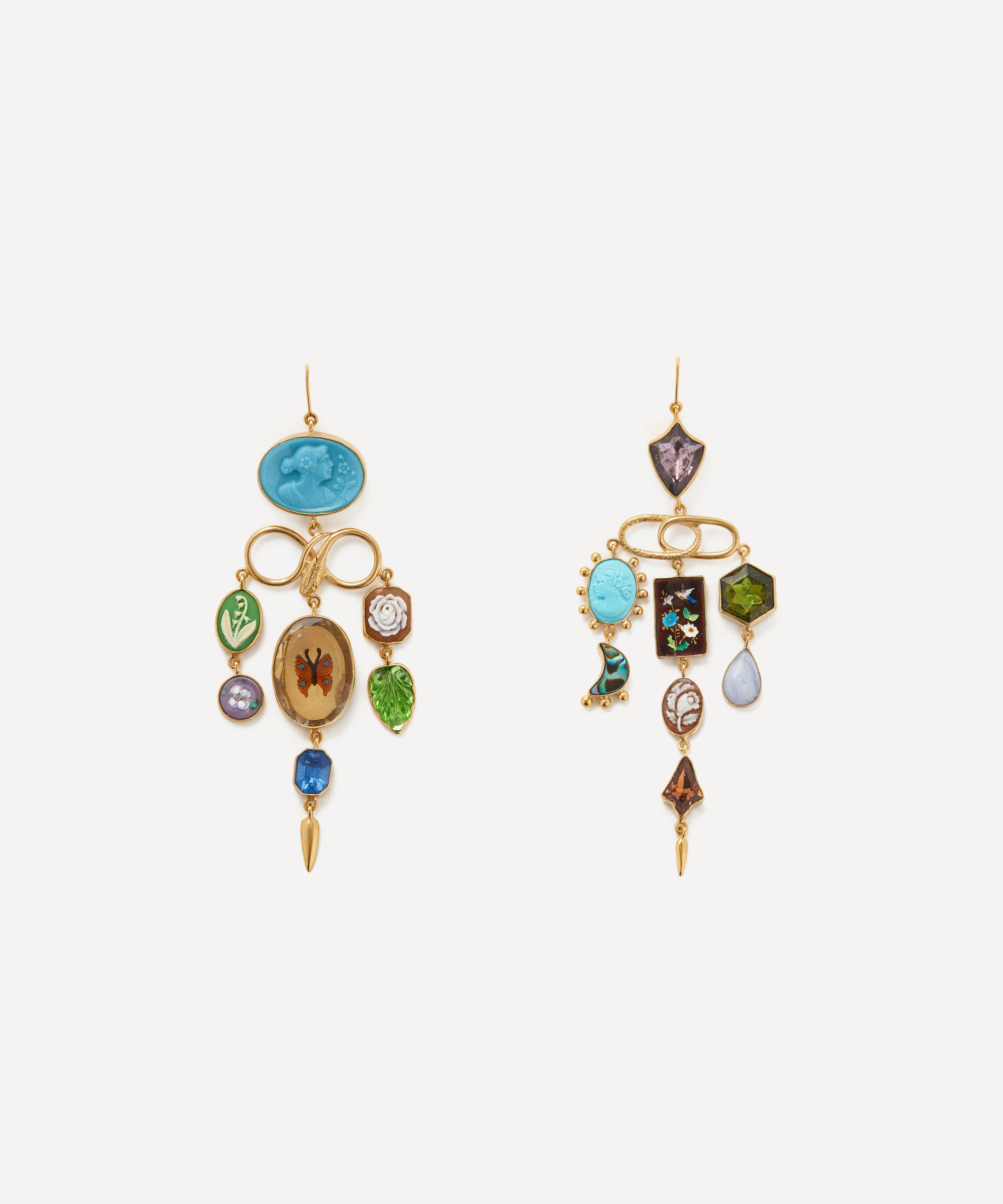 GRAINNE MORTON GRAINNE MORTON GOLD-PLATED FLOWER AND LADY ASYMMETRIC DROP EARRINGS 