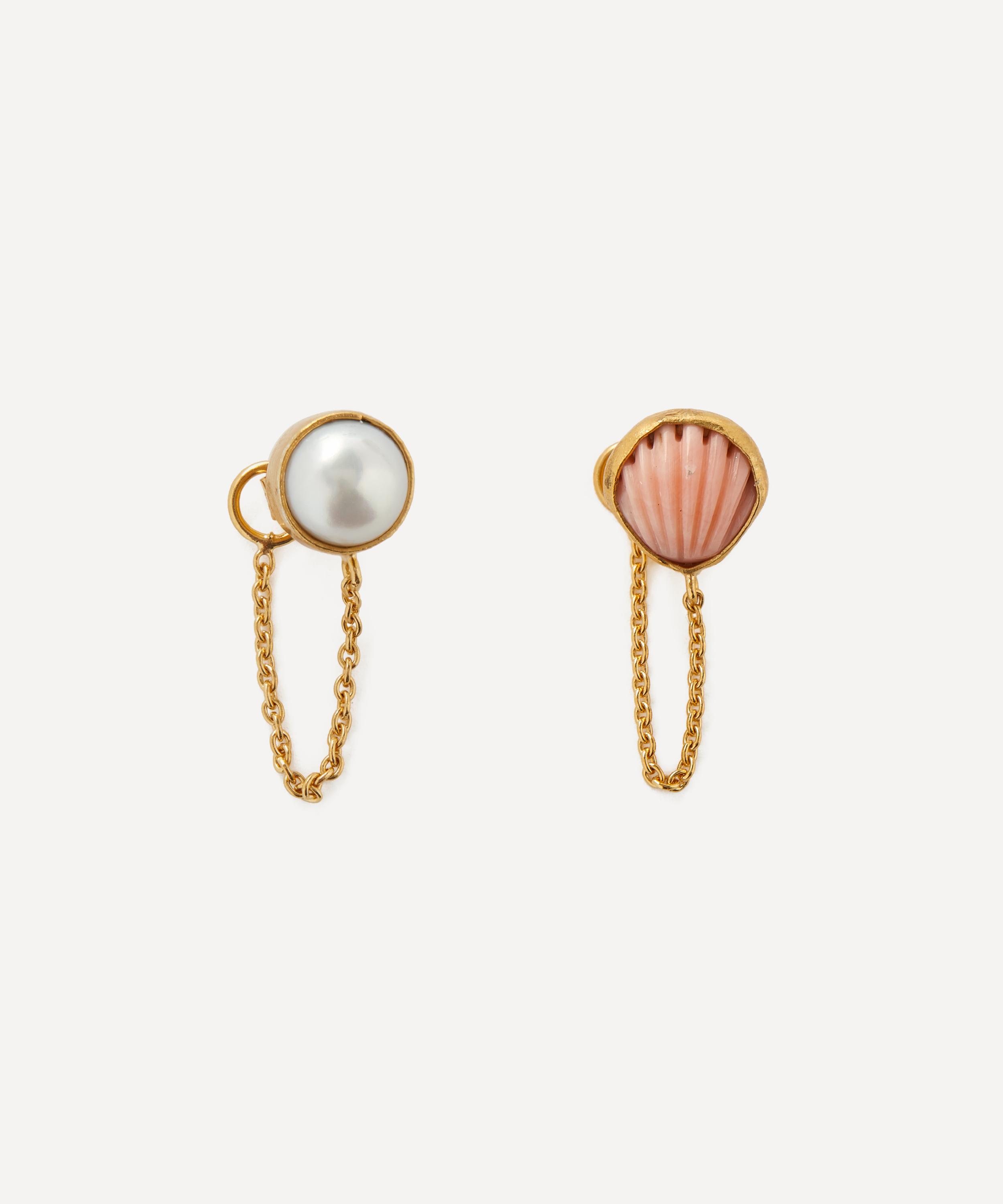 GRAINNE MORTON GRAINNE MORTON 18CT GOLD-PLATED MISMATCHED PEARL AND CORAL CHAIN STUD EARRINGS 