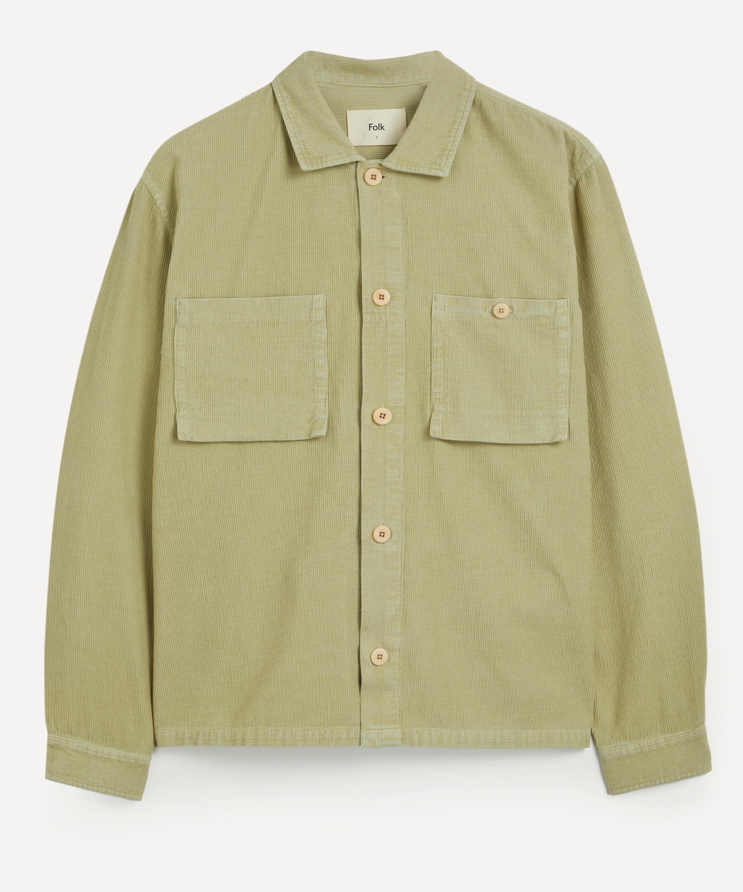 Folk Mens Patch Sage Green Microcheck Cord Overshirt