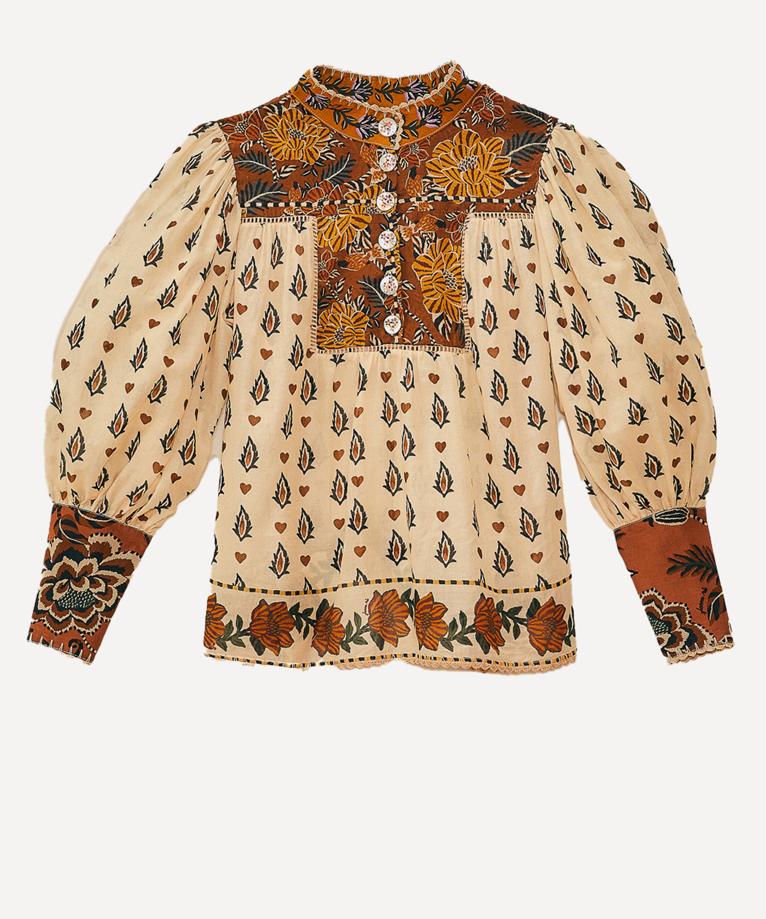 FARM RIO FARM RIO WOMEN'S BEIGE AINIKA FLORA LONG-SLEEVE BLOUSE 