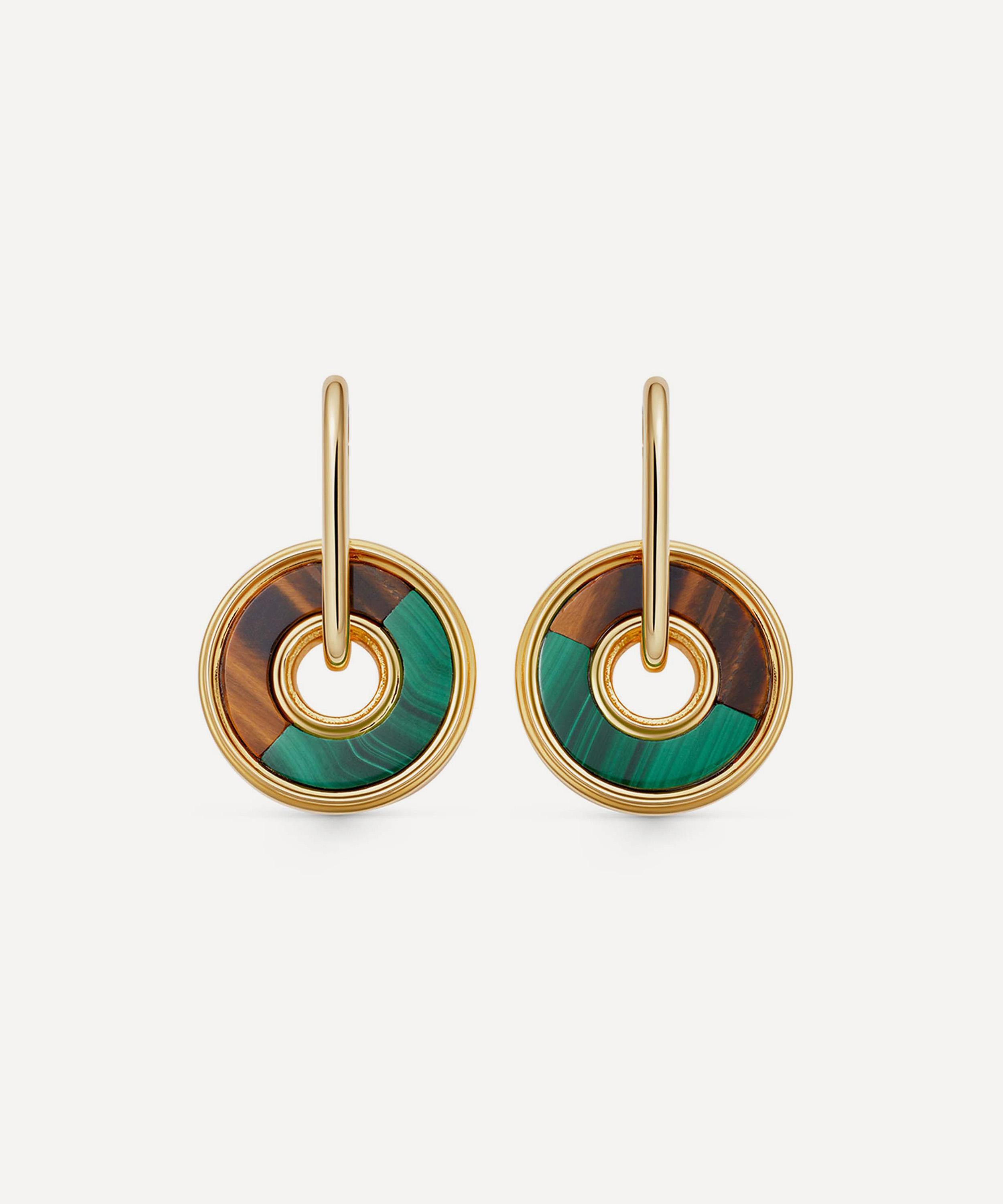 ASTLEY CLARKE ASTLEY CLARKE 18CT GOLD-PLATED VERMEIL SILVER FUSE MALACHITE AND TIGERS EYE HOOP EARRINGS 