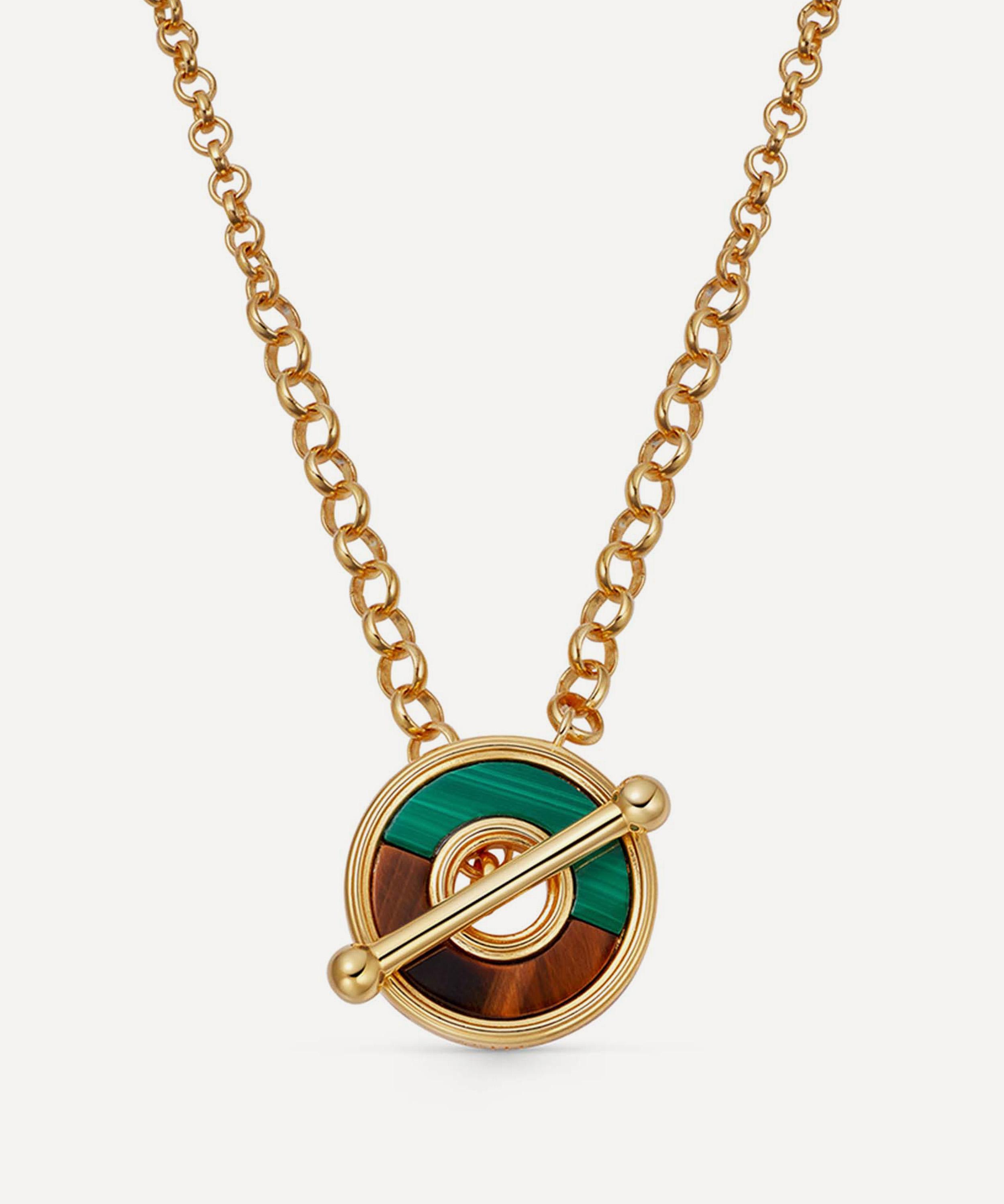 ASTLEY CLARKE ASTLEY CLARKE 18CT GOLD-PLATED VERMEIL SILVER FUSE MALACHITE AND TIGERS EYE T-BAR PENDANT NECKLACE 