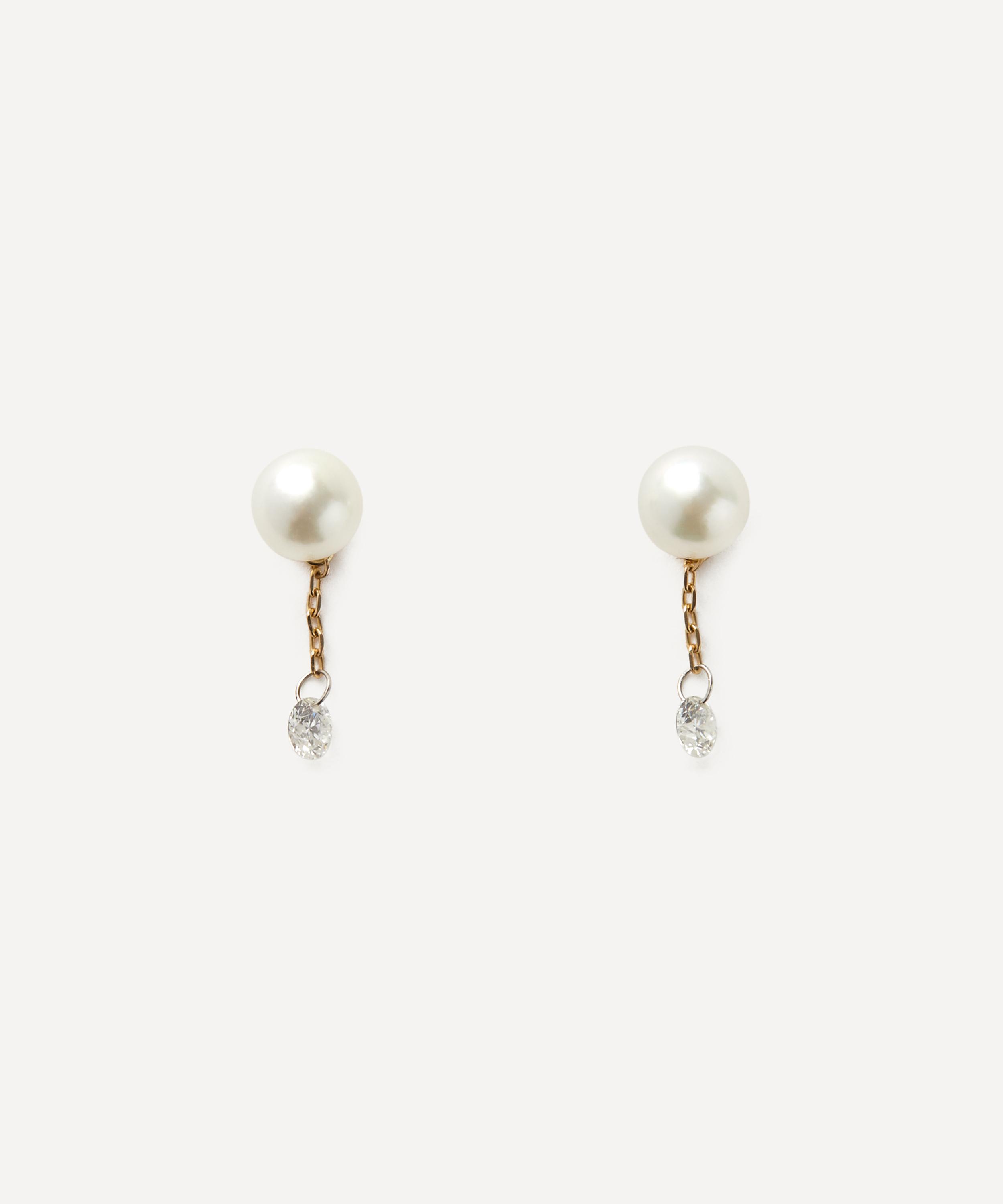 Shop Mizuki 14ct Gold Pierced Diamond And Pearl Short Chain Stud Earrings