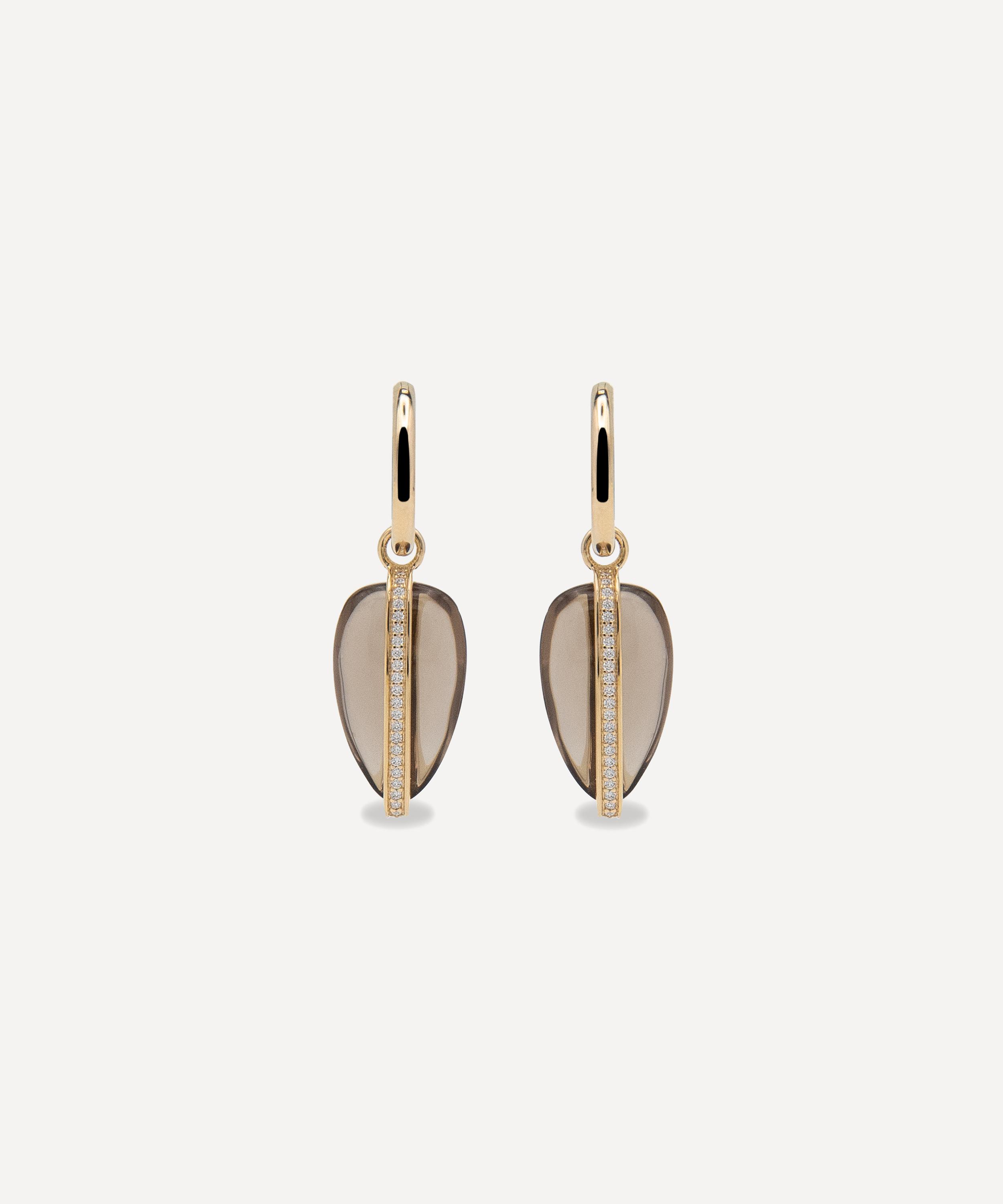 By Pariah 14ct Gold Diamond Pebble Smokey Quartz Drop Earrings