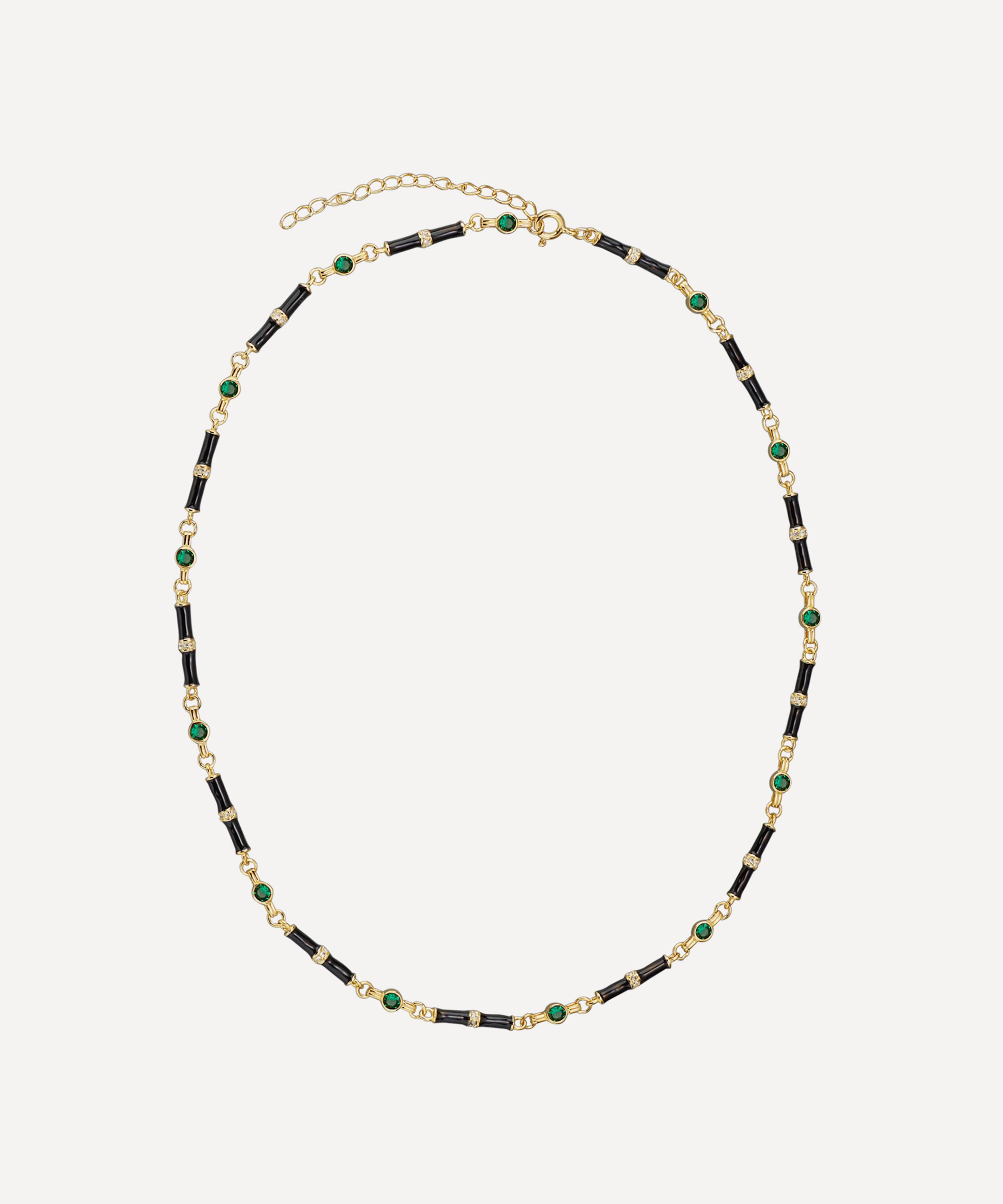 V By Laura Vann 18ct Gold-plated Marlowe Black Enamel And Green Stone Necklace