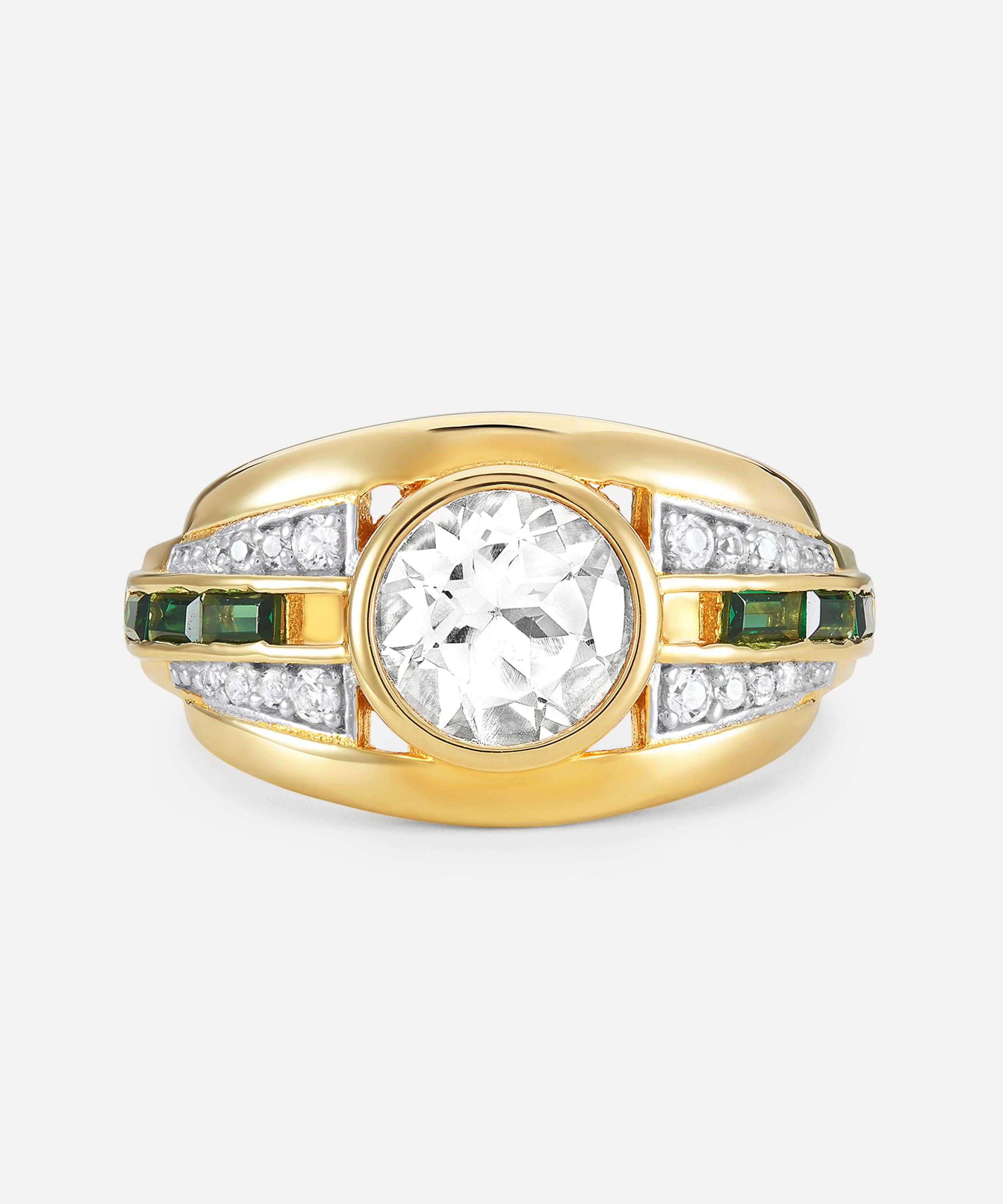 V By Laura Vann 18ct Gold-plated Vermeil Silver Olive White Topaz And Green Stone Bombe Ring