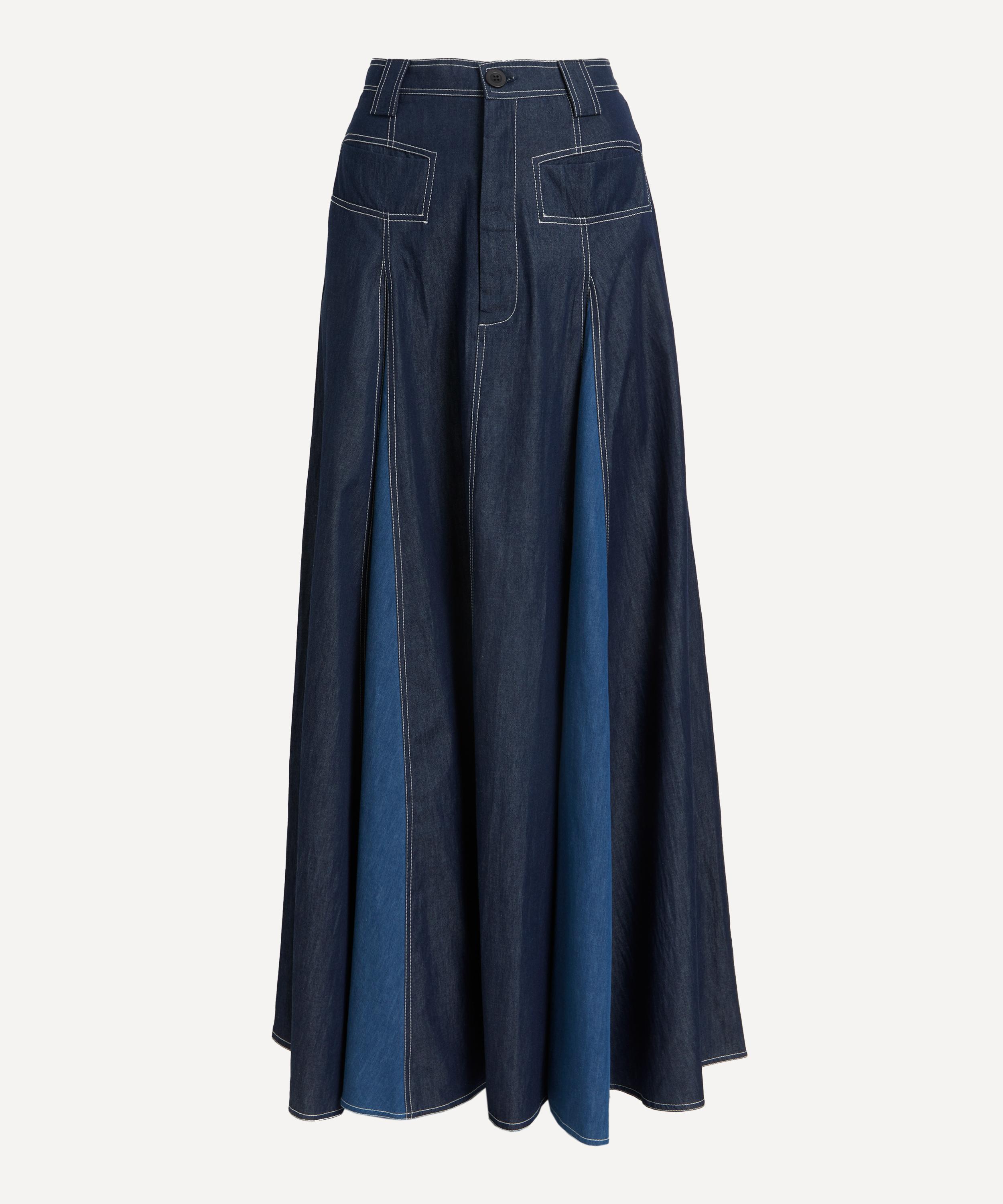 LOVEBIRDS LOVEBIRDS WOMEN'S CONTRAST DENIM PATCHWORK MAXI-SKIRT 