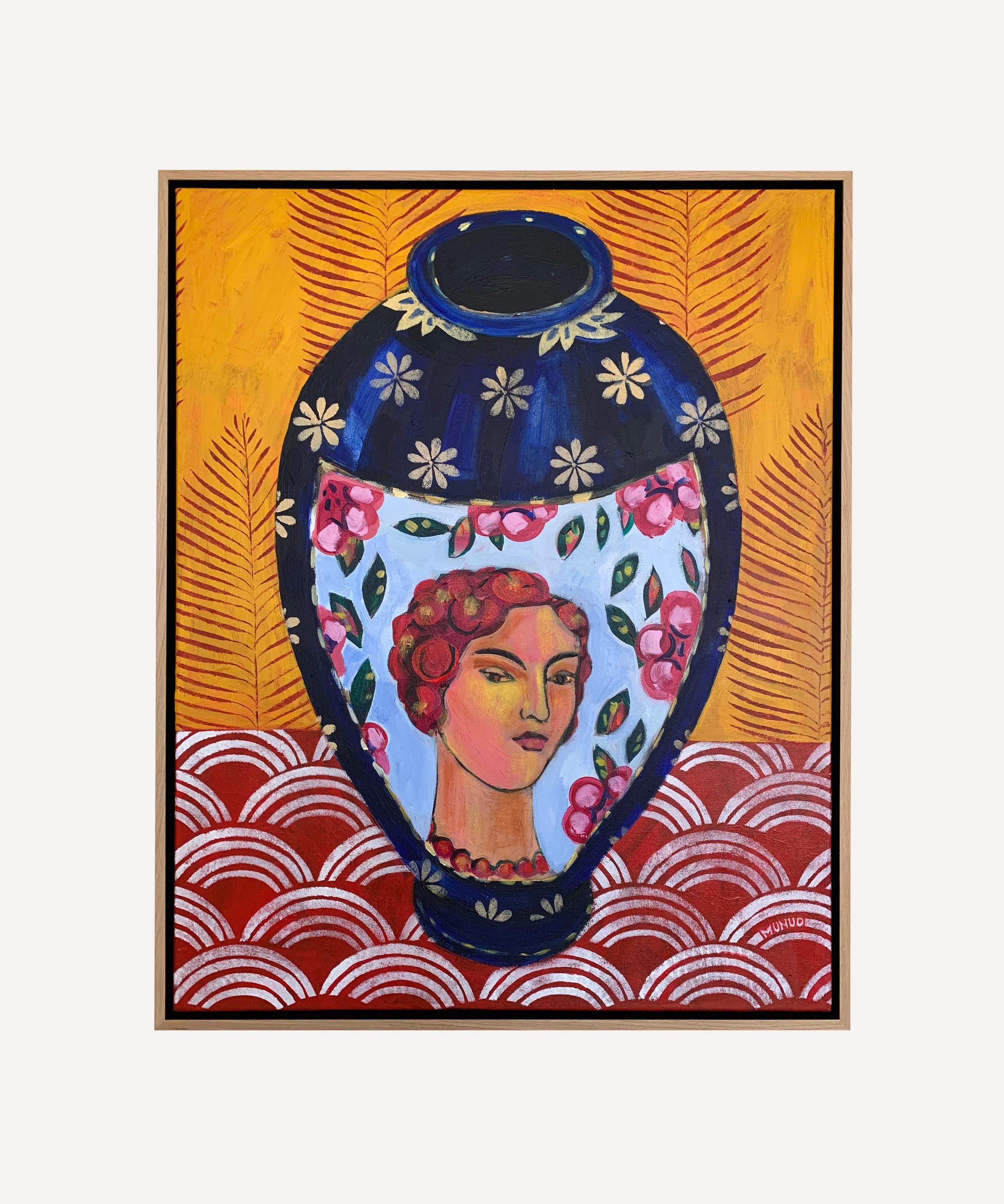 NAOMI MUNUO NAOMI MUNUO SATSUMA VASE ON PATTERNED CLOTH 2023 ORIGINAL FRAMED ARTWORK 