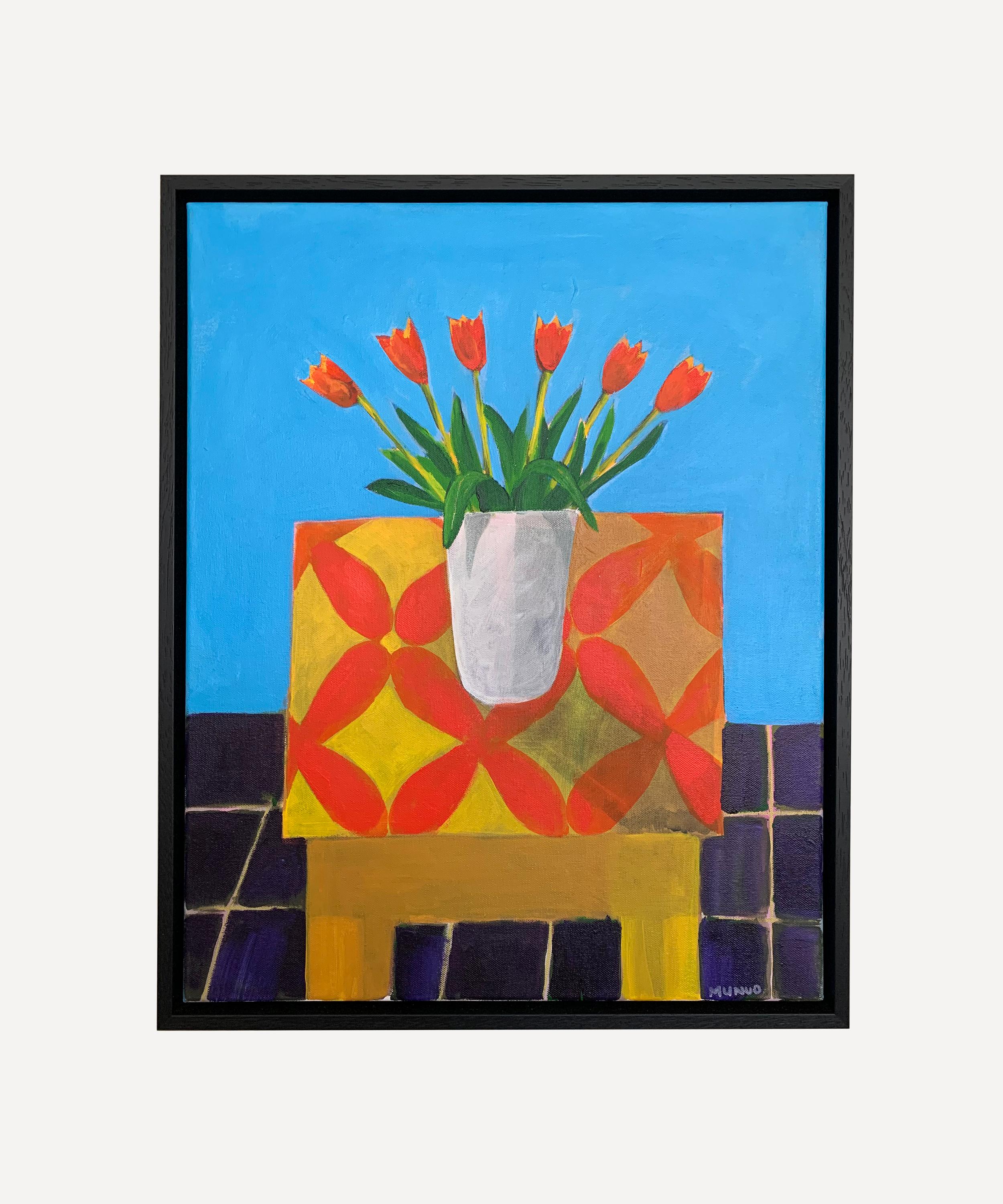 NAOMI MUNUO NAOMI MUNUO TULIPS ON PATTERNED TABLECLOTH 2023 ORIGINAL FRAMED ARTWORK 