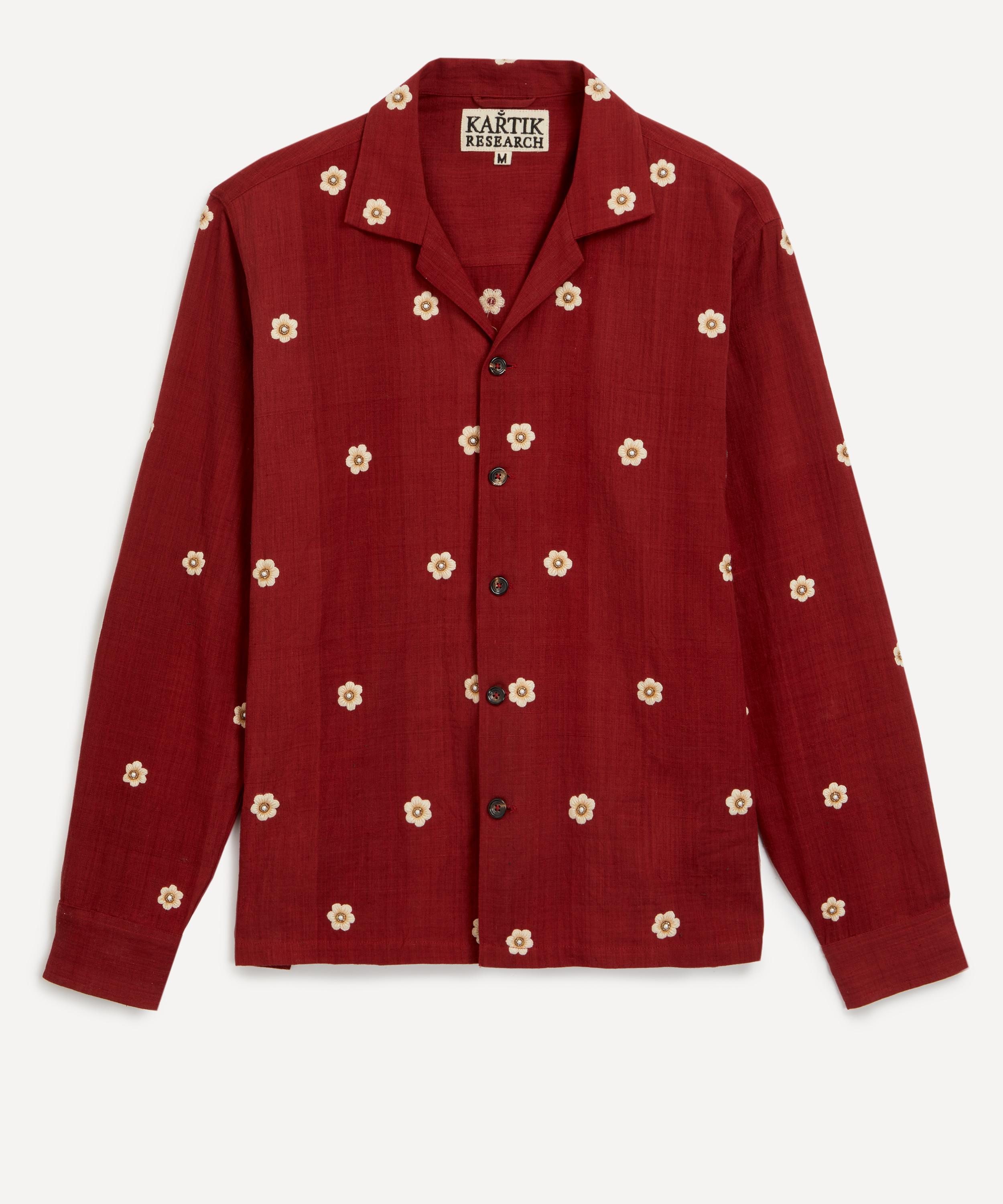 Shop Kartik Research Mens Red Hand-embroidered Floral Shirt