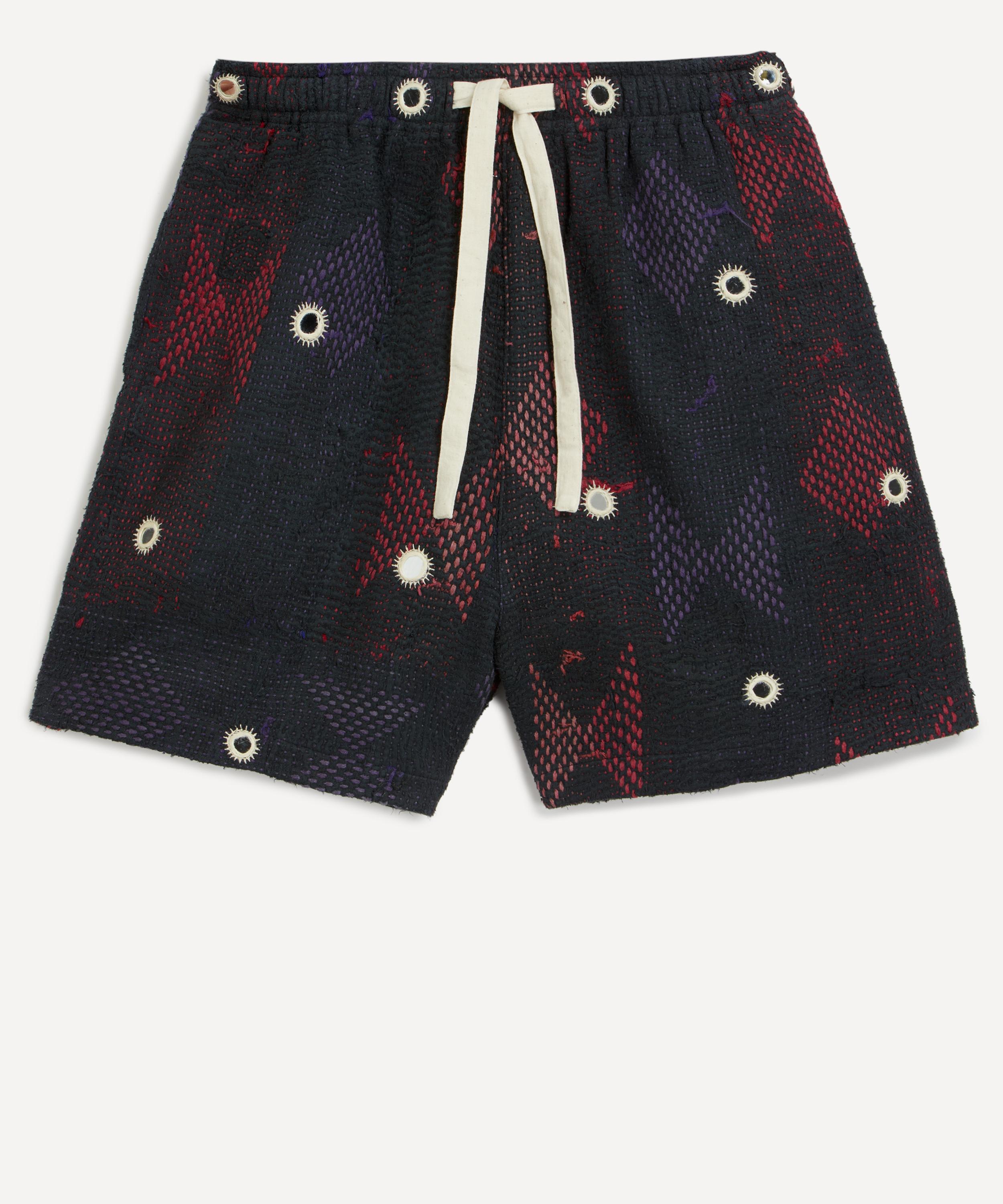 Shop Kartik Research Mens Black Patterned Kantha Quilted Mirror Shorts