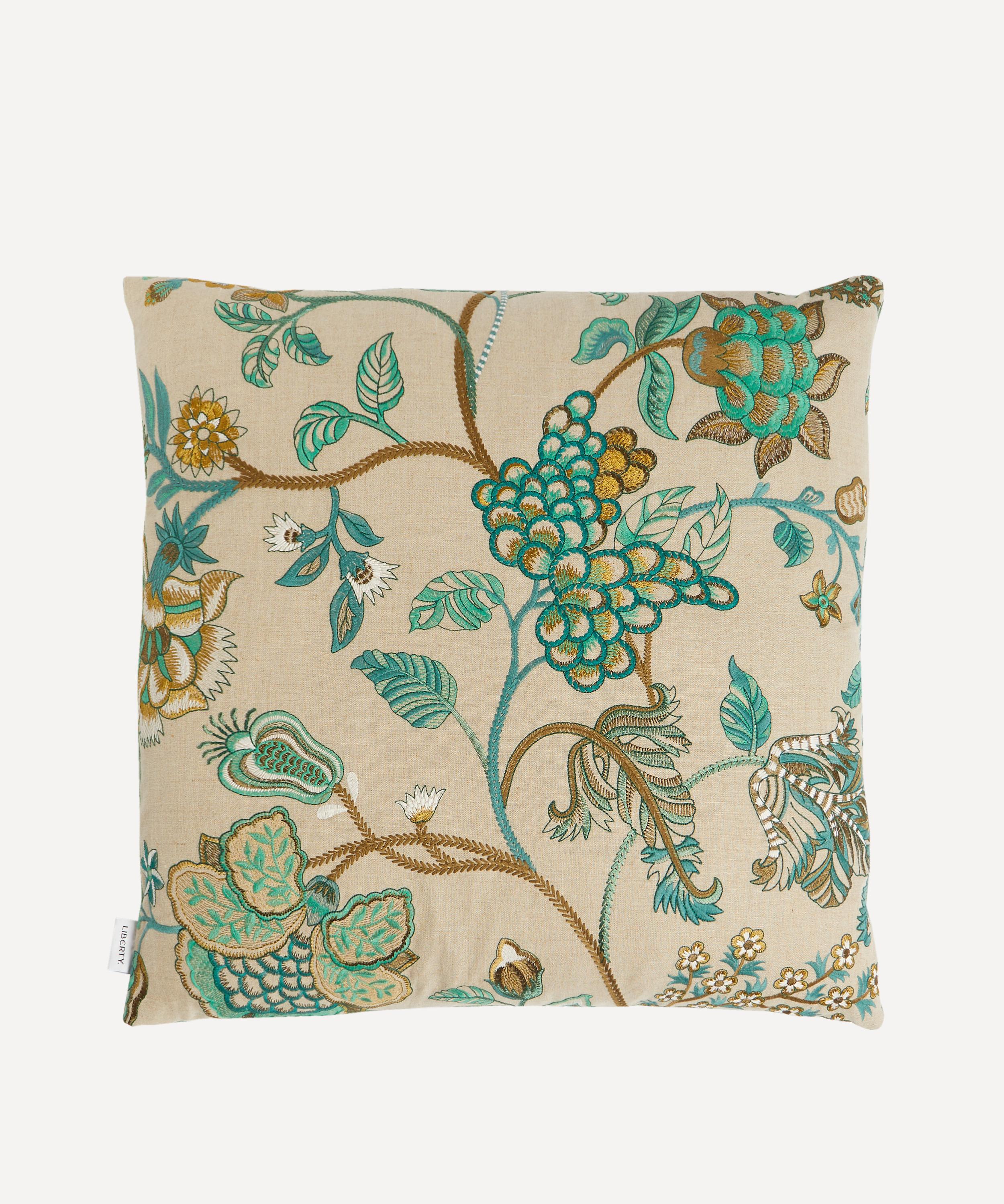 LIBERTY LIBERTY PALAMPORE EMBROIDERY SQUARE CUSHION IN JADE 