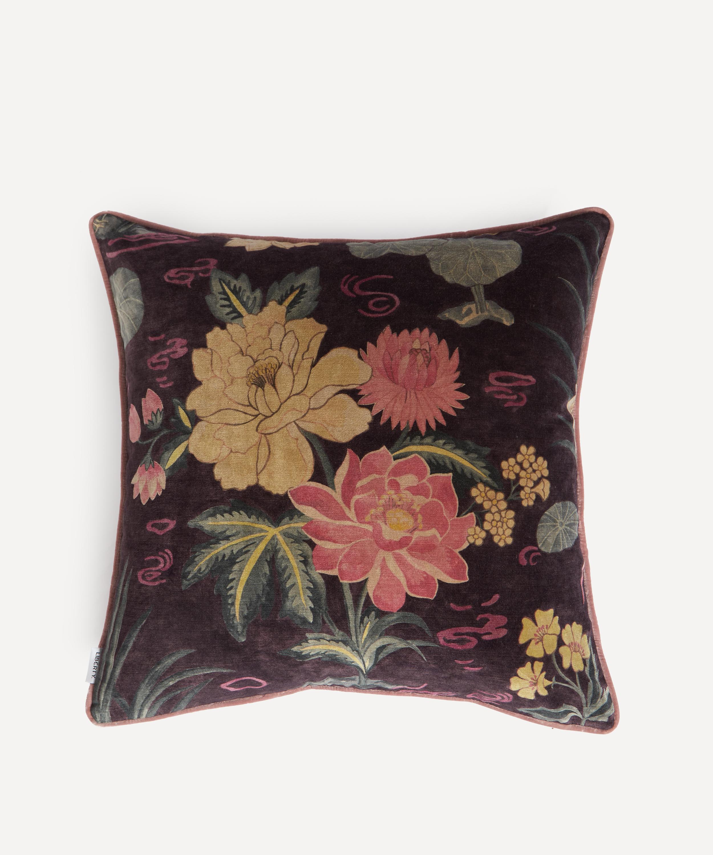 Shop Liberty Lotus Garden Velvet Square Cushion In Brinjal