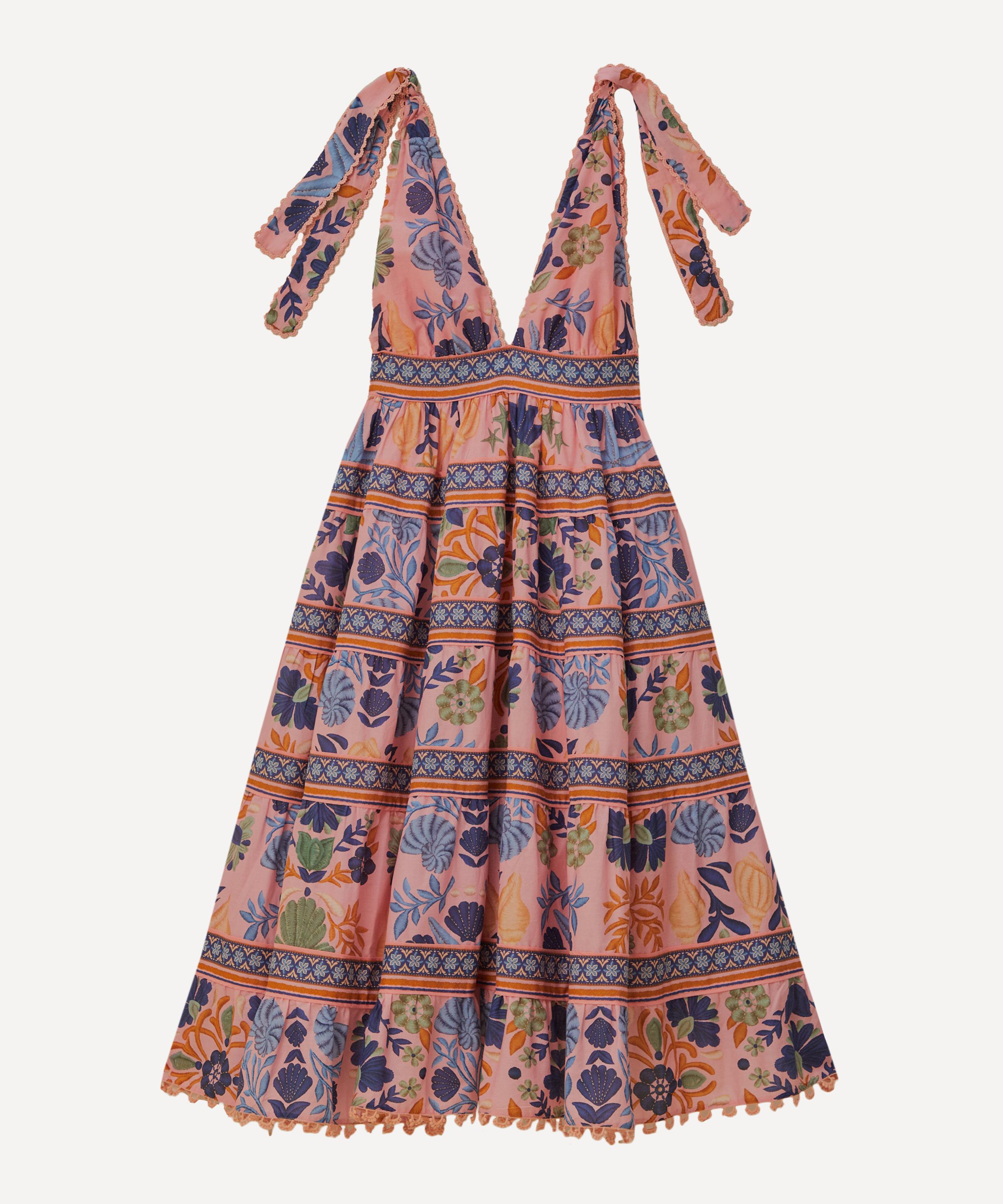 Farm Rio Seashell Tapestry Cotton Midi Dress In Pink